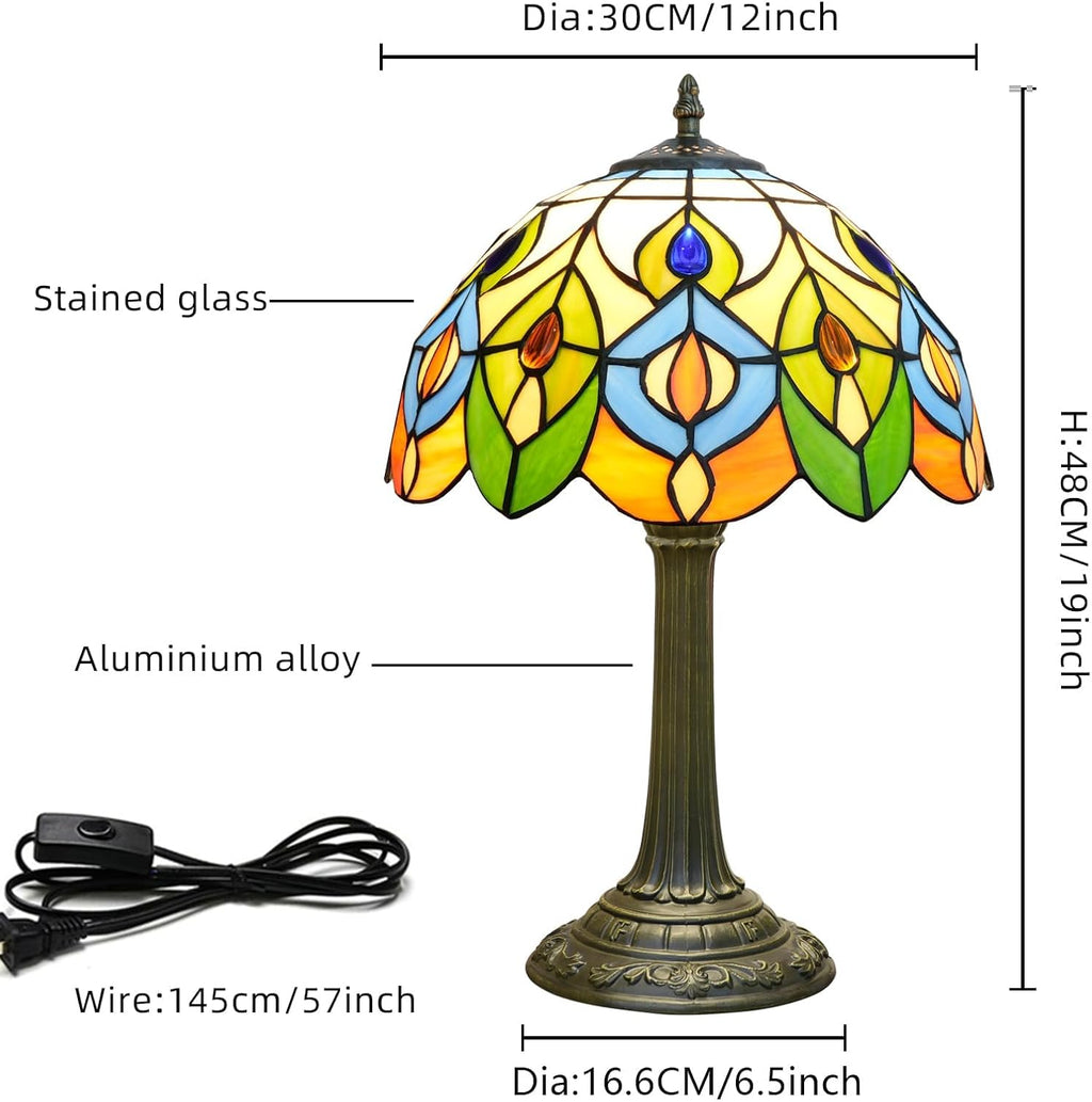 Tiffany Style Table Lamp With Retro Peacock Stained Glass Lamp 12 Inch Bronze Base Bedside Lamp Bedroom Living Rooms, Offices, Hotel Classics Luxury Style Decorative Ambient Light Bedside Lamp