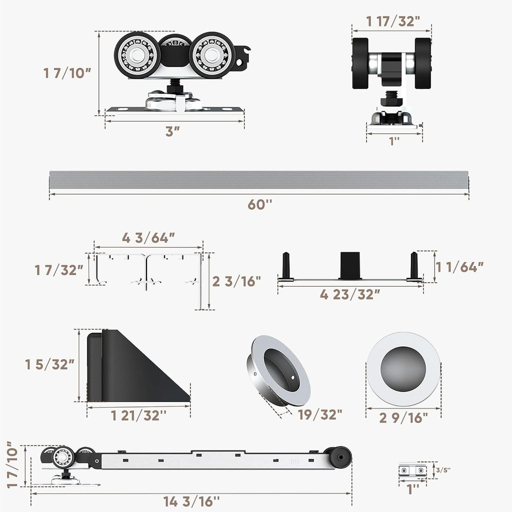 JUBEST 5FT/60 Heavy Duty Bypass Door Hardware with Soft Close Mechanism, Sliding Closet Door Hardware Set for 2 Door System, Smoothly and Quietly, Fit Door Thickness 1 3/8' or 1 3/4', Easy to Install