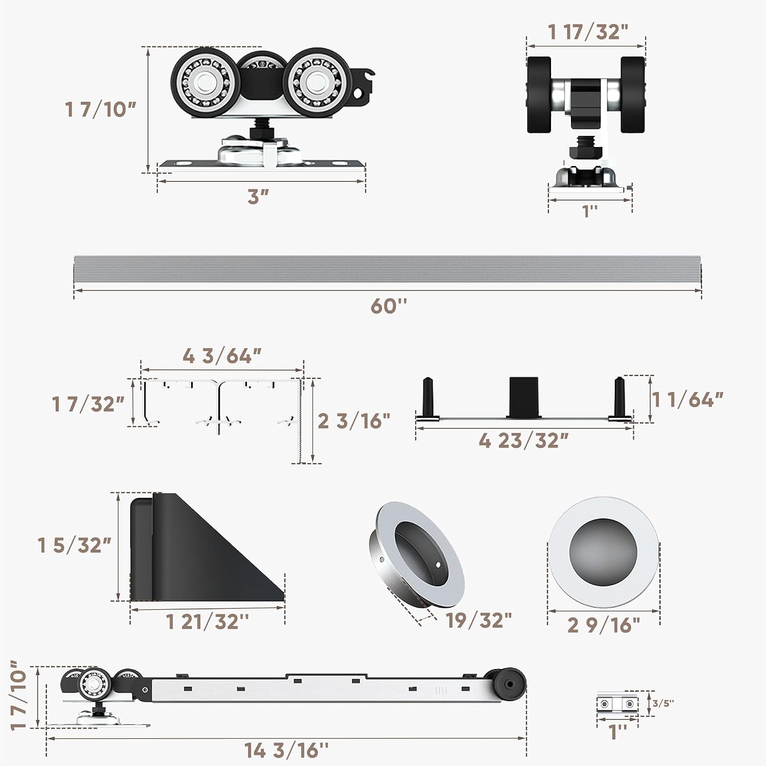 JUBEST 5FT/60 Heavy Duty Bypass Door Hardware with Soft Close Mechanism, Sliding Closet Door Hardware Set for 2 Door System, Smoothly and Quietly, Fit Door Thickness 1 3/8' or 1 3/4', Easy to Install