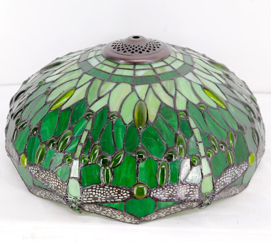 WERFACTORY Tiffany Style Table Lamp Green Stained Glass Dragonfly Bedside Lamp 16X16X24 Inch Desk Reading Light Metal Base Decor Bedroom Living Room Home Office S459 Series