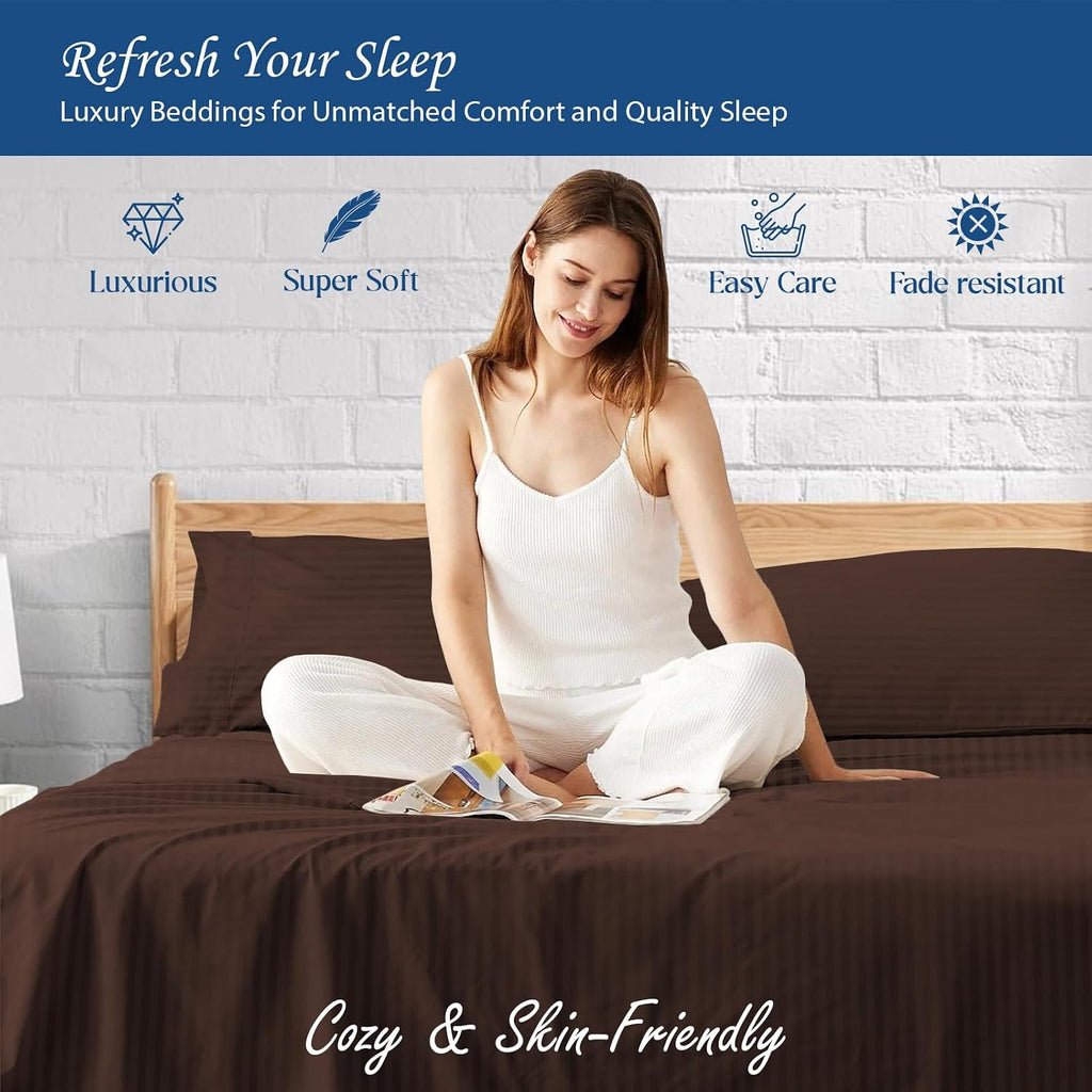 1000 Series - 100% Egyptian Cotton Sheet Set Soft & Comfy Breathable Hotel Quality Luxury Bedding -Twin XL Size Fits Mattress Up to 18-20' Deep (Stripe, Chocolate)