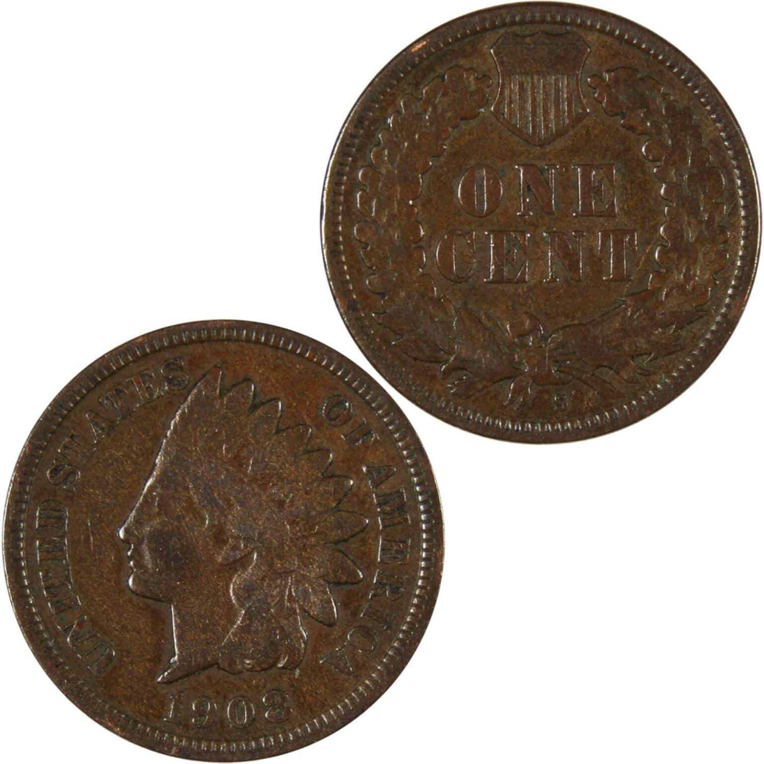 1908 S Indian Head Cent F Fine Penny 1c Coin
