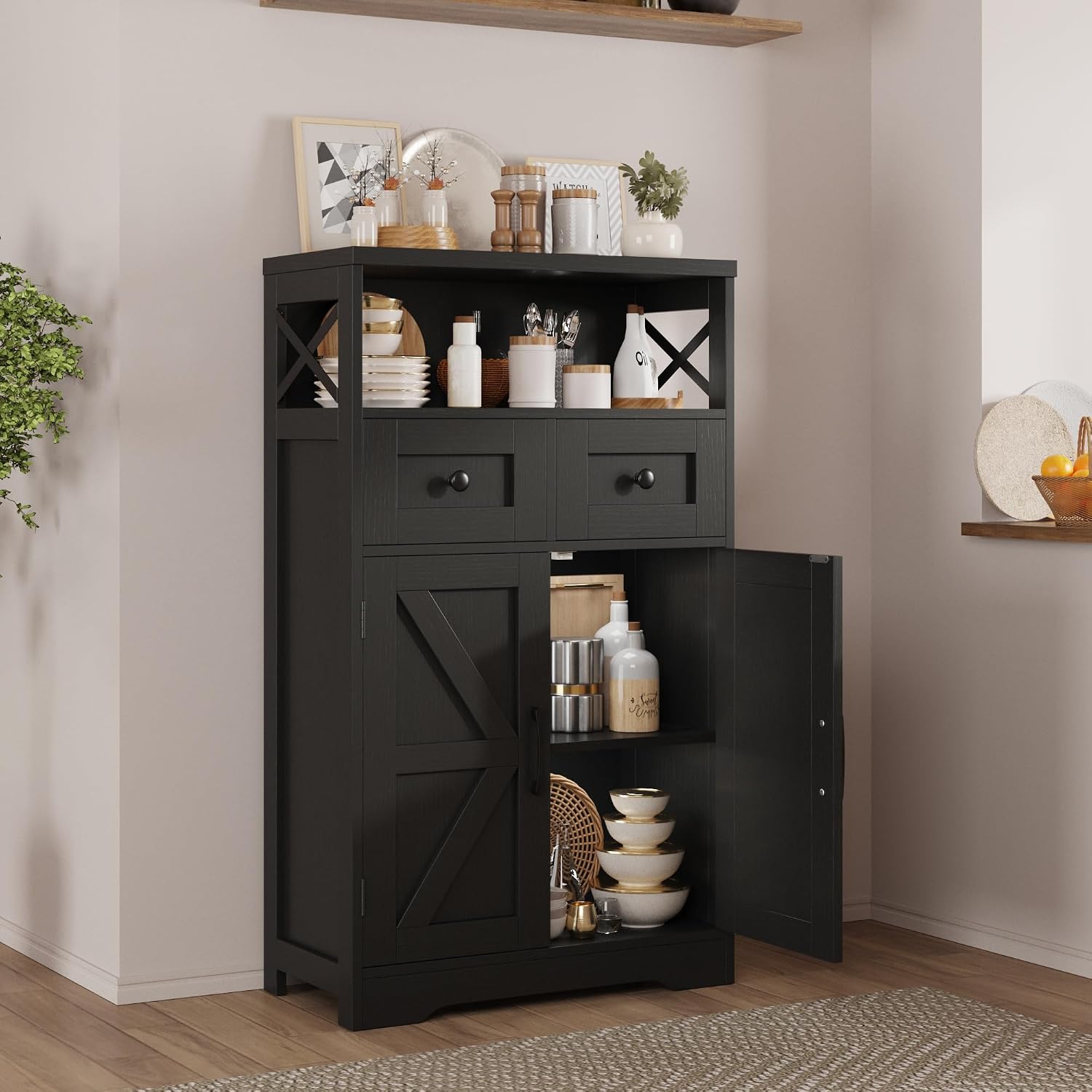 Befrases Set of 2 Black Storage Cabinet with Drawers and Shelves, Freestanding Black Kitchen Pantry, Floor Storage Cabinet Hutch Cupboard for Dining, Living Room, Home Office