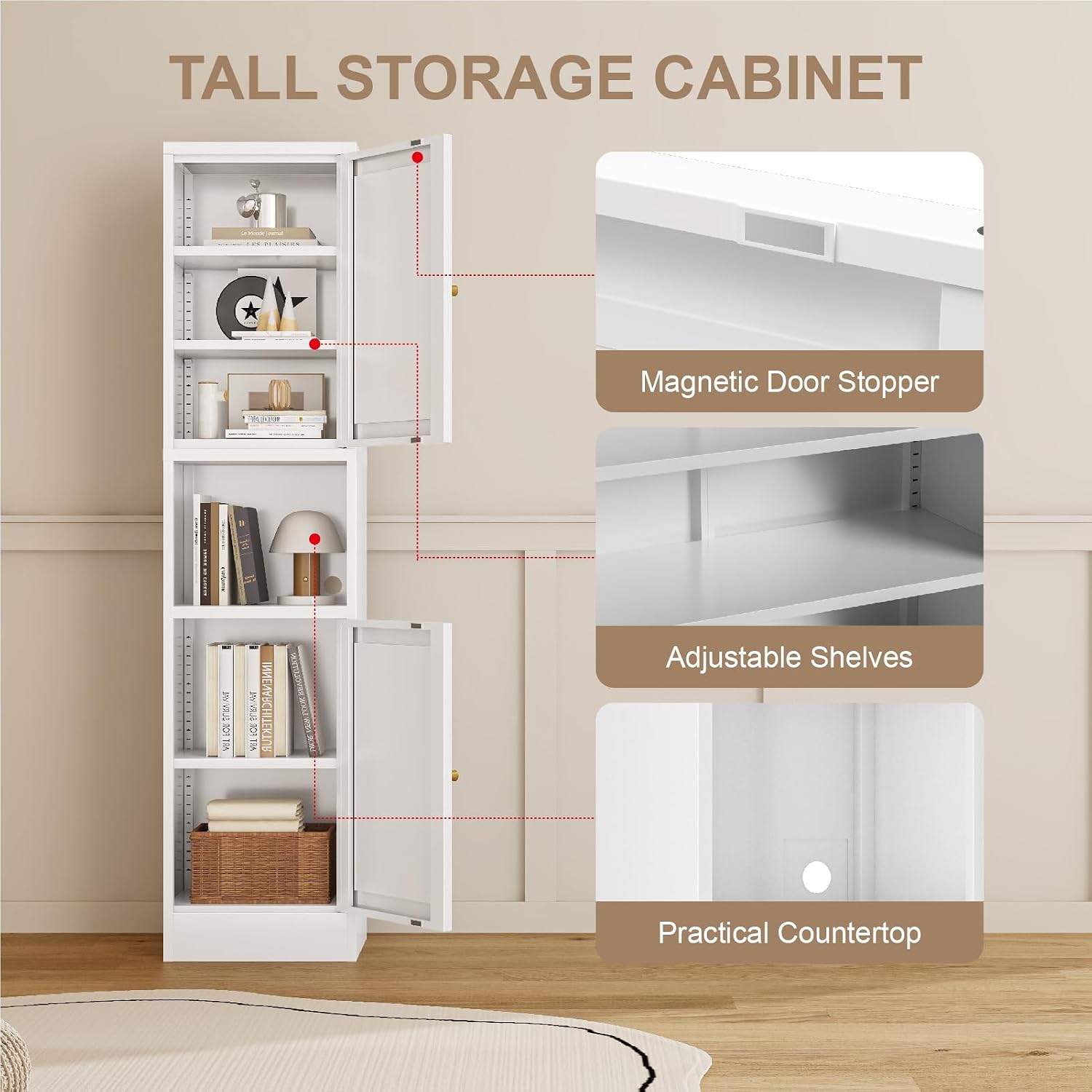 Metal Bathroom Storage Cabinet, 67' Tall Narrow Freestanding Floor Cabinet with Adjustable Shelves and Open Compartment, Slim Metal Locker for Laundry, Kitchen, Dining Room