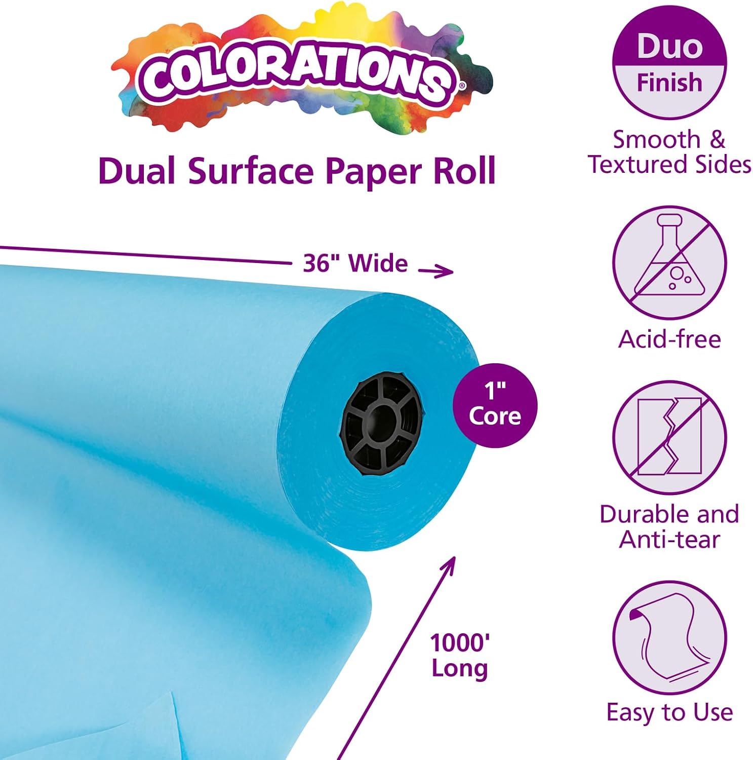 Colorations Arts and Crafts Paper Roll - 36' x 1000', Sky Blue, Dual Surface, Markers, Finger Paints, Painting, Watercolors, Acrylic Paints, Wall Art, Bulletin Board Paper, Kids Crafts (Item # DSSB)