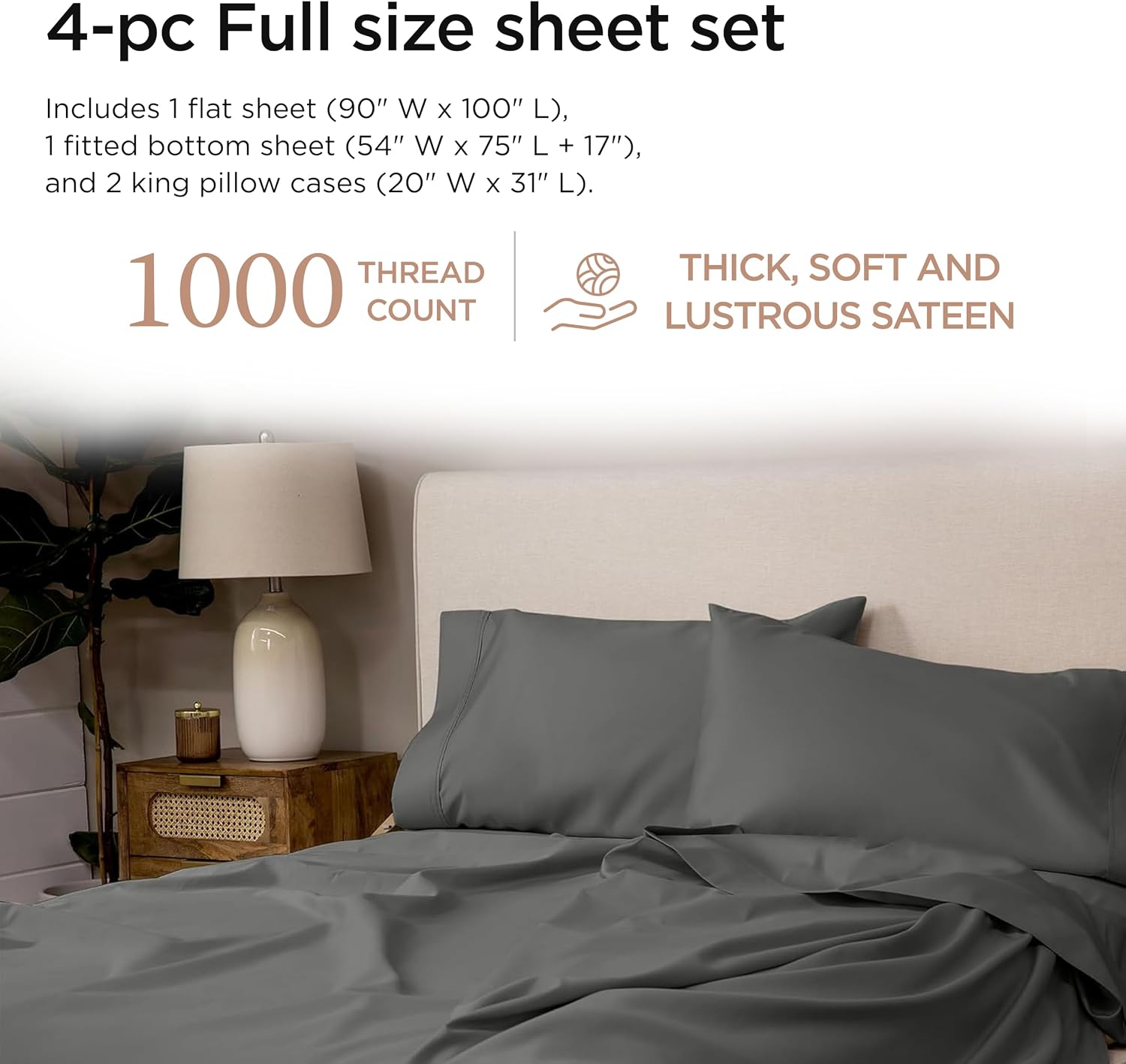 Threadmill Luxury Supima Cotton Sheets, Luxury 1000 Thread Count 100% Soft Cotton Sheets for Full Size Bed, 4 Pc Dark Grey Bed Sheets Full Set, 5-Star Hotel Quality Deep Pocket Bed Sheets Set