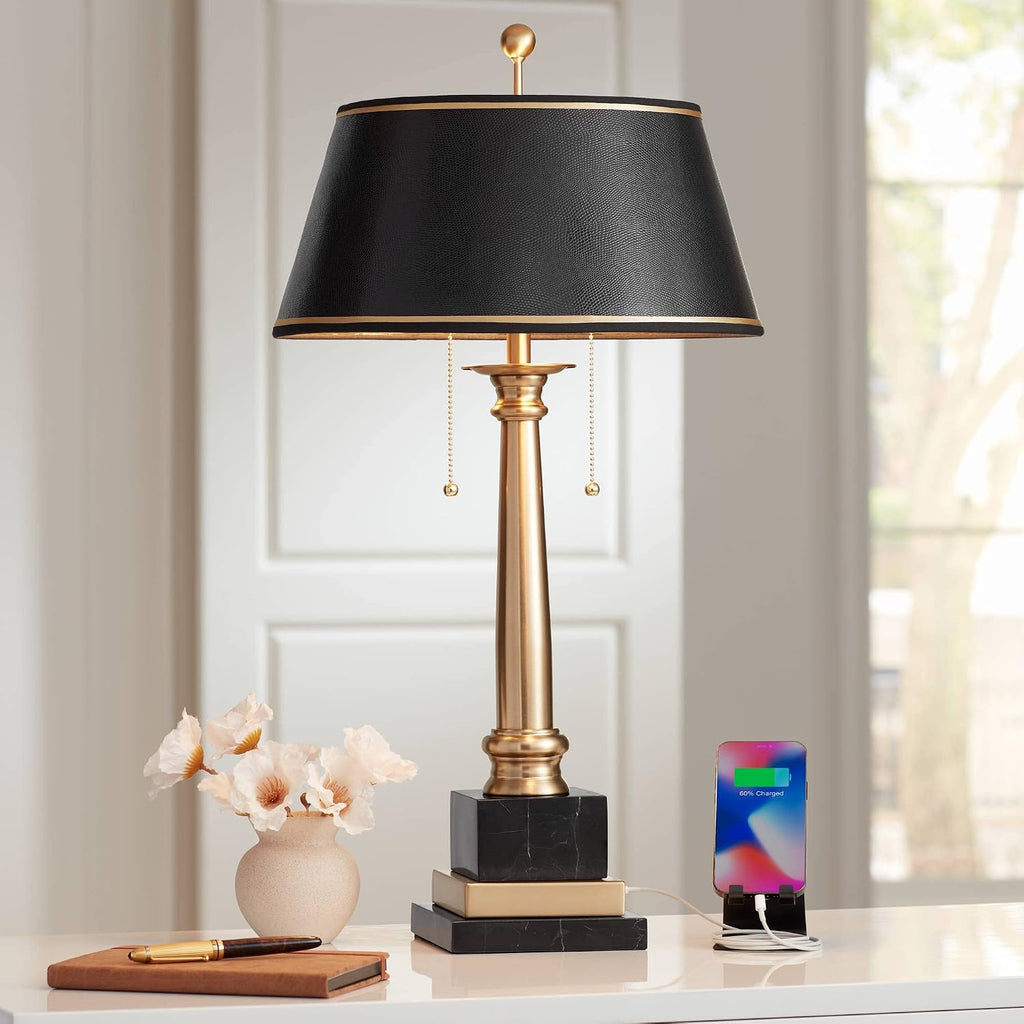 Barnes and Ivy Georgetown 28 1/2' Tall Traditional Table Desk Lamp with USB Charging Ports A+C Warm Brass Steel Black Gold Trim Drum Shade for Living Room Bedroom Nightstand Bedside Office House