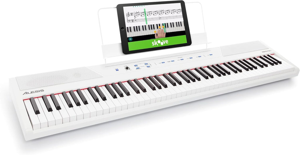Alesis Recital White - 88 Key Digital Piano Keyboard with Semi-Weighted Keys, 2x20W Speakers, 5 Voices, Split, Layer and Lesson Mode, FX and Piano Lessons