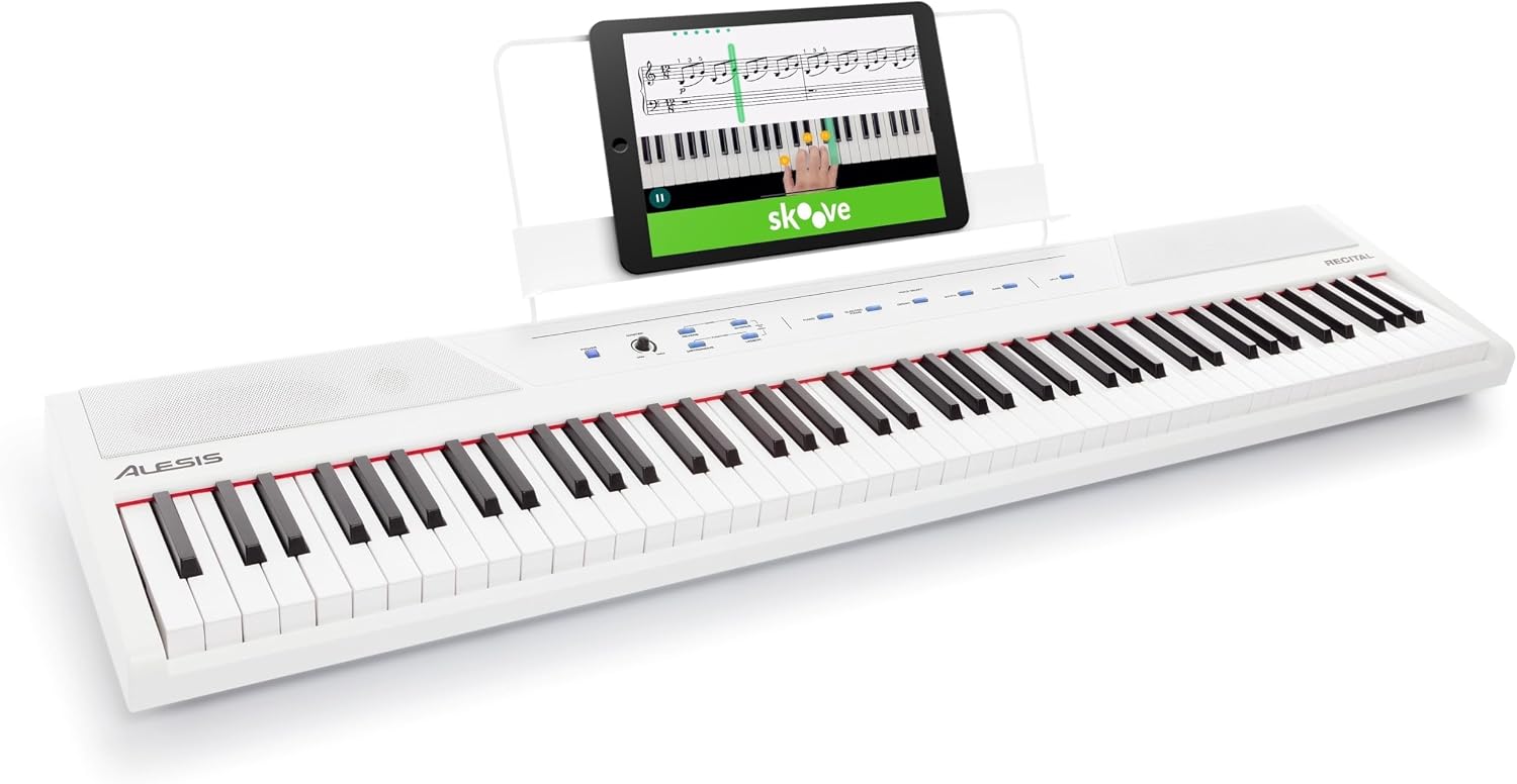 Alesis Recital White - 88 Key Digital Piano Keyboard with Semi-Weighted Keys, 2x20W Speakers, 5 Voices, Split, Layer and Lesson Mode, FX and Piano Lessons