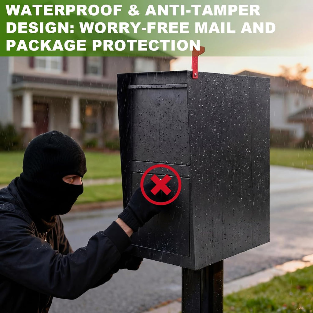 Large Mailbox Cold Rolled Steel Post Mailbox with Anti-Theft Lock, Key, Mounting Base and Mounting Post, Black, 9.6' H x 10' W x 19.6' D, Weatherproof Mailboxes for Outside the House