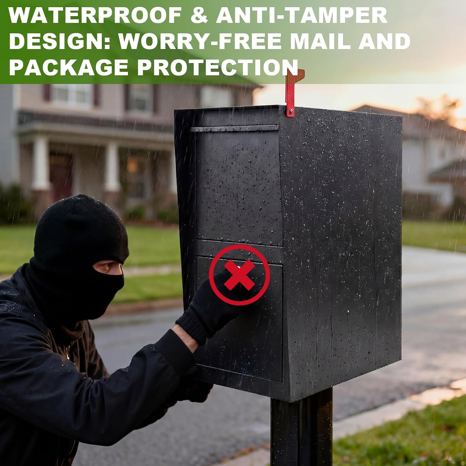 Large Mailbox Cold Rolled Steel Post Mailbox with Anti-Theft Lock, Key, Mounting Base and Mounting Post, Black, 9.6' H x 10' W x 19.6' D, Weatherproof Mailboxes for Outside the House