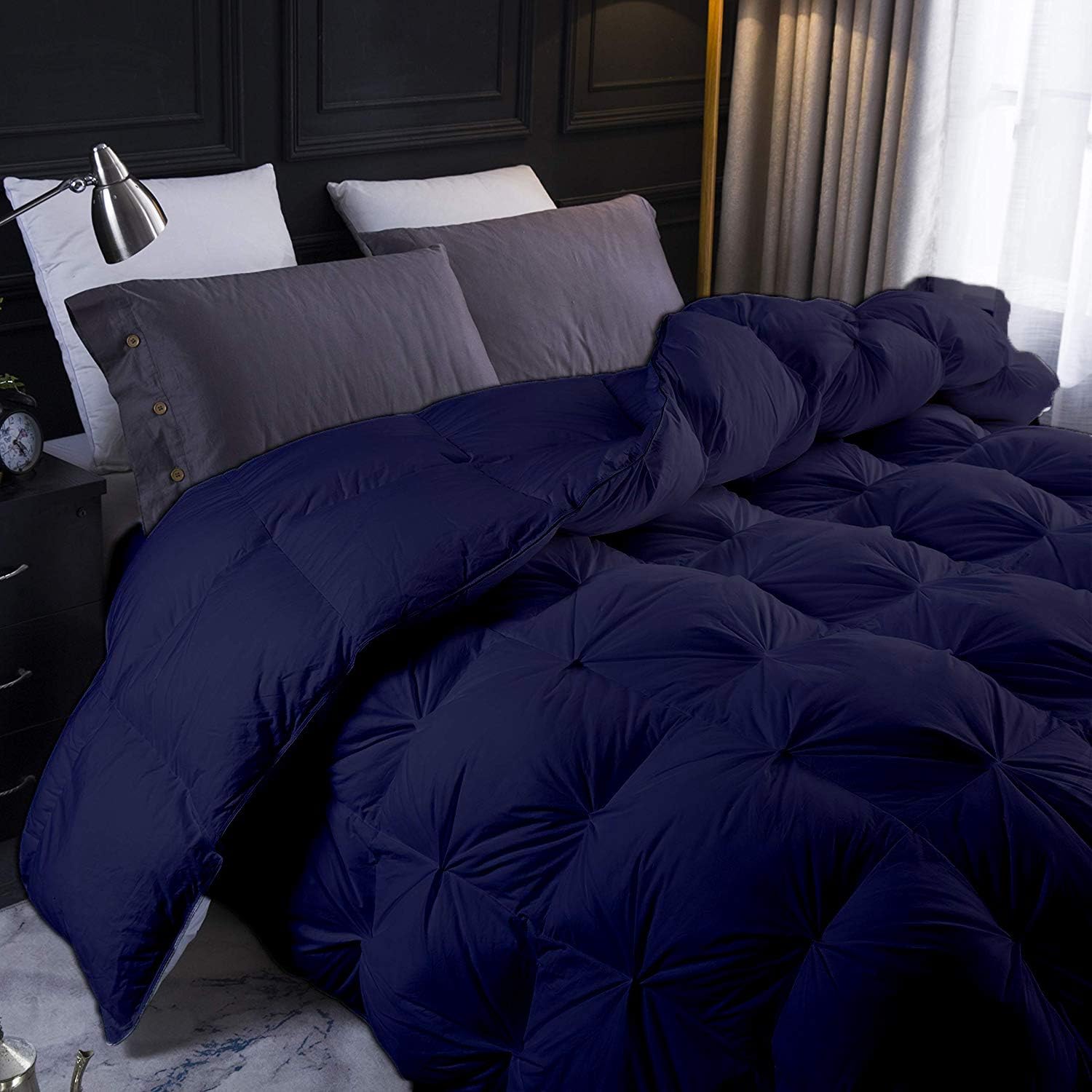 Navy Blue All Season Down Pin-Tuck Comforter- Oversized Queen Size 98 x 98 Inches 1 pc Pinch Pleated Comforter 600 GSM & 4-Corner Tab's 100% Egyptian Cotton- Hotel Navy Blue Solid