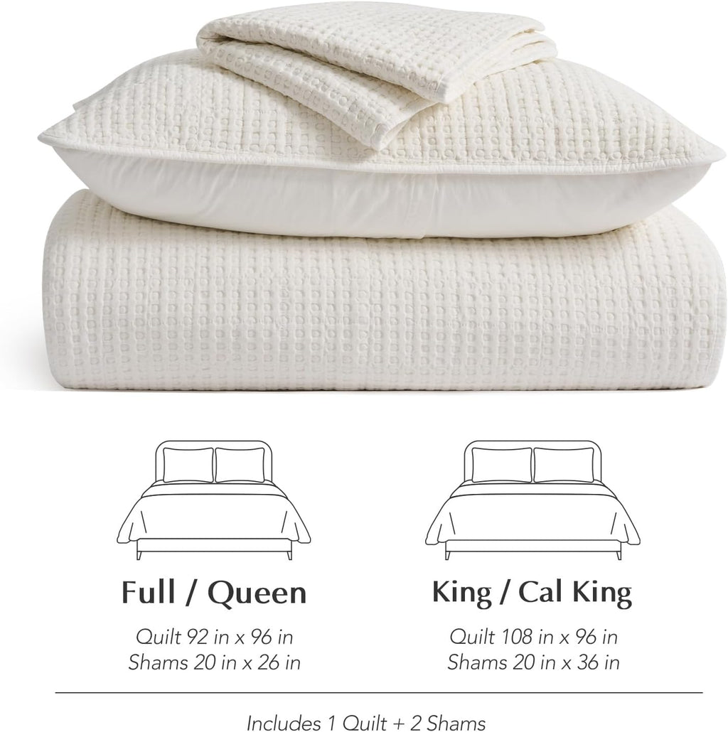 EverGrace Stonewashed 100% Natural Cotton Waffle Quilt Set Queen Size 3 Pieces, Durable, Textured & Substantial Bedding, Quilted Coverlet Bedspread with 2 Shams for All Seasons, Bright White
