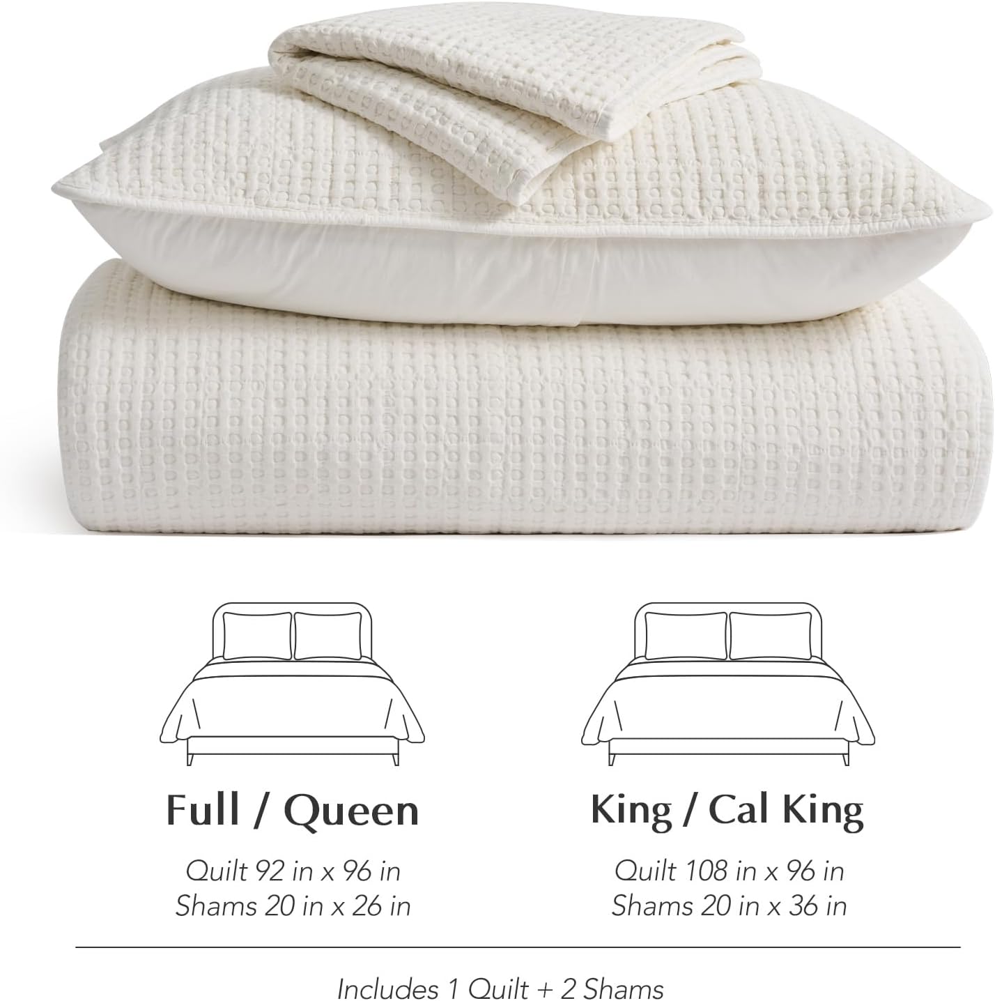 EverGrace Stonewashed 100% Natural Cotton Waffle Quilt Set Queen Size 3 Pieces, Durable, Textured & Substantial Bedding, Quilted Coverlet Bedspread with 2 Shams for All Seasons, Bright White