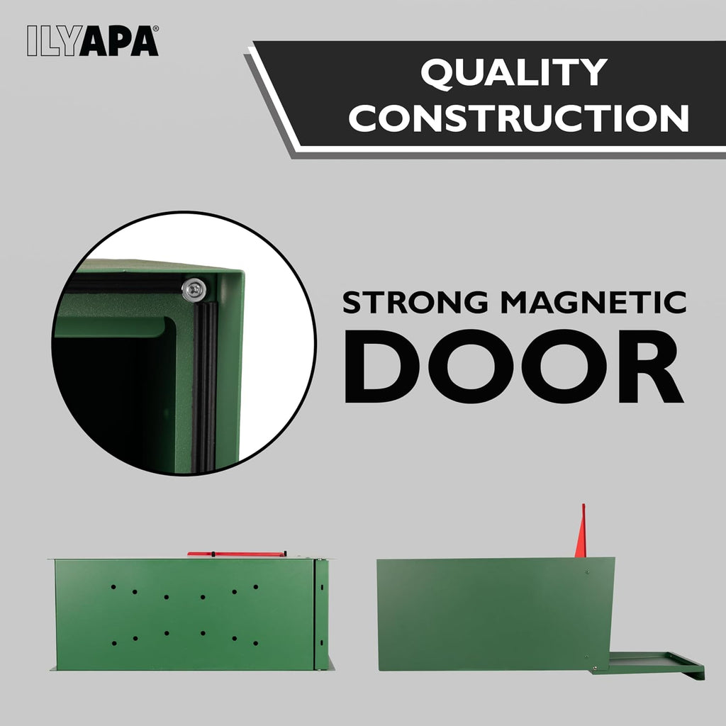 Ilyapa Modern Mailbox for Outside Post Mount - Green Powder Coated Metal Mailbox, Waterproof Letter Box for Parcels, with Recessed Magnetic Close Door