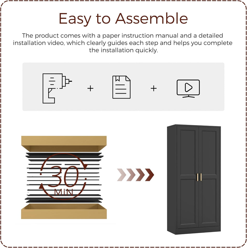 60' Tall Metal Pantry Cabinet, Black Kitchen Pantry Storage Cabinet with Doors and 3 Adjustable Shelves, Cupboard for Kitchen, Dining Room, Living Room, Bathroom