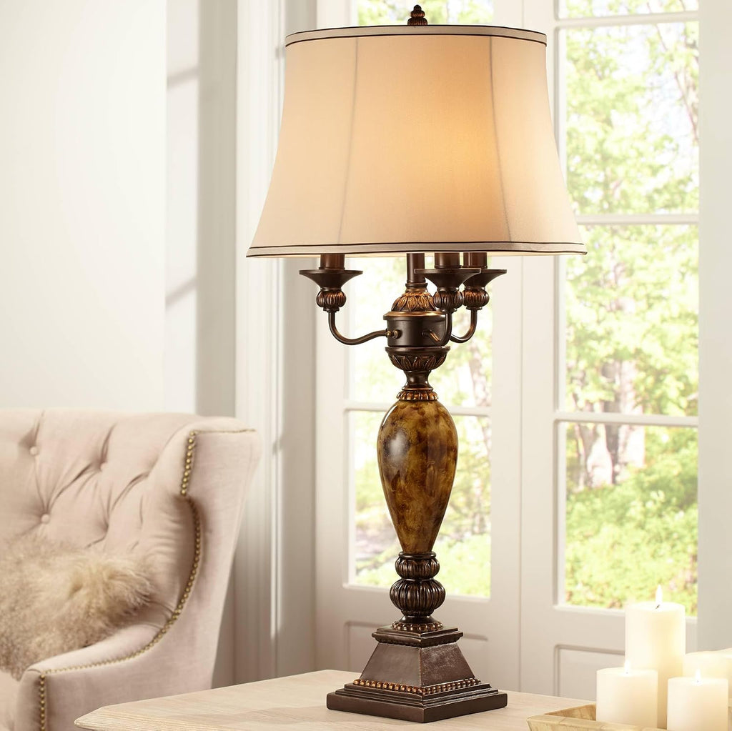 Kathy Ireland Mulholland Traditional Vintage Table Lamp 37' Tall Bronze Golden Marbleized White Bell Shade Decor for Living Room Bedroom House Bedside Nightstand Home Office Entryway Family