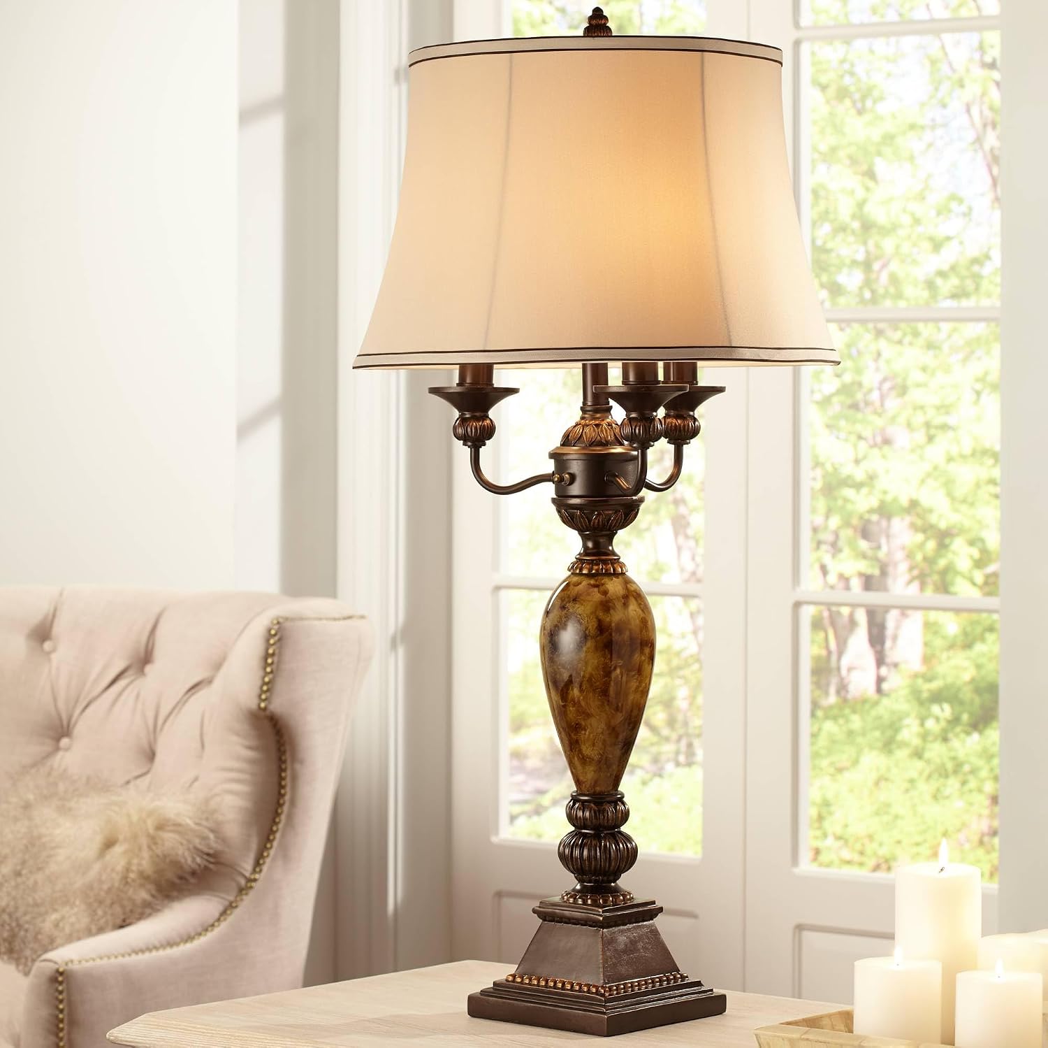 Kathy Ireland Mulholland Traditional Vintage Table Lamp 37' Tall Bronze Golden Marbleized White Bell Shade Decor for Living Room Bedroom House Bedside Nightstand Home Office Entryway Family