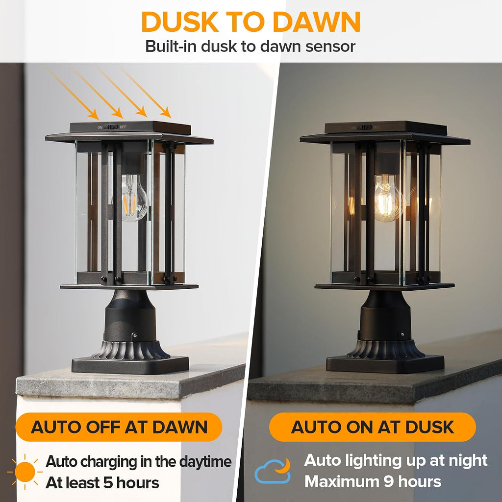 LUTEC Solar Lamp Post Light, 200 Lumens Dusk to Dawn Craftsman Style Post Light Waterproof Solar Powered with Pier Mount Base, Aluminum Post Lights Perfect for Outside
