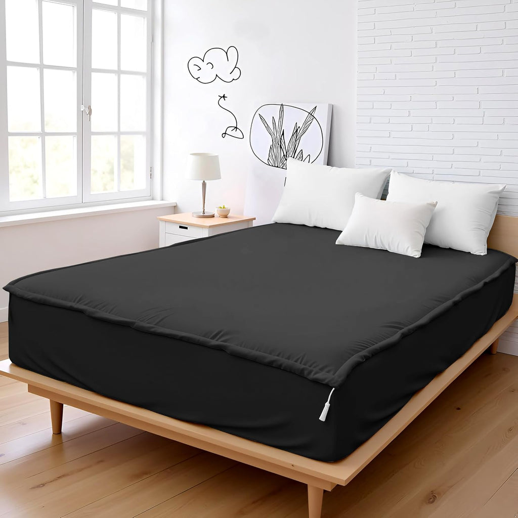 Zip On Sheets Queen Zipper Fitted Sheets 60X80 - Includes 2 Zip On Sheet & 1 Fitted Sheet Base - 8' to 16' Inch Deep Pocket Zipper Sheets - Faster & Easier Microfiber Queen Size - Black