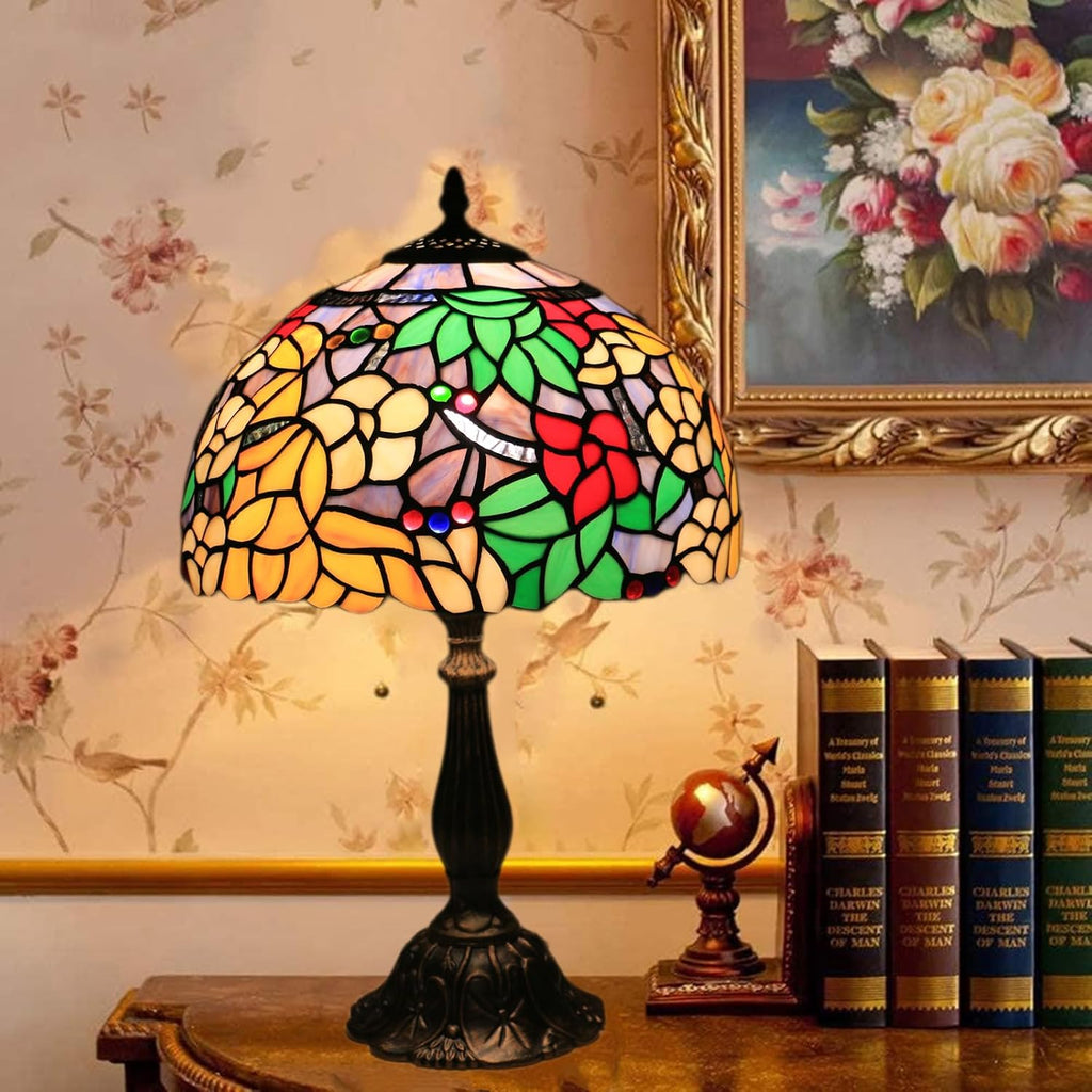 Tiffany Table Lamp for Living Room,Camellia Flower Stained Glass Lamp Shades for Bedside Nightstand Table LampsW/LED Bulb,12X12X19 Inch Tall Home Office Reading Dining Room Desk Lamps