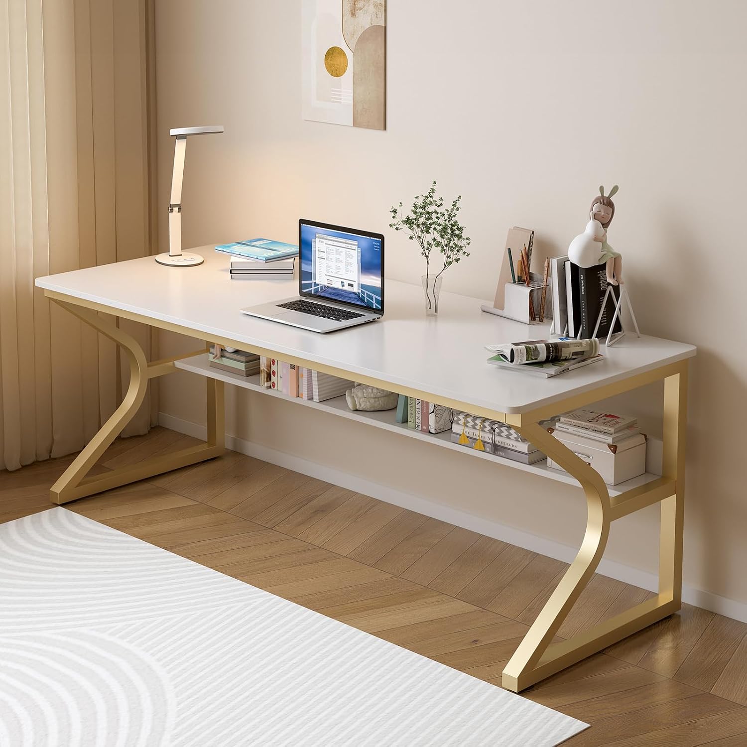 OSCHF Extra Long Desk with Bookshelf - 63' Double Long Writing Table for 2-Person Workstation, Modern Study Work Computer Desk for Home and Office, Gold