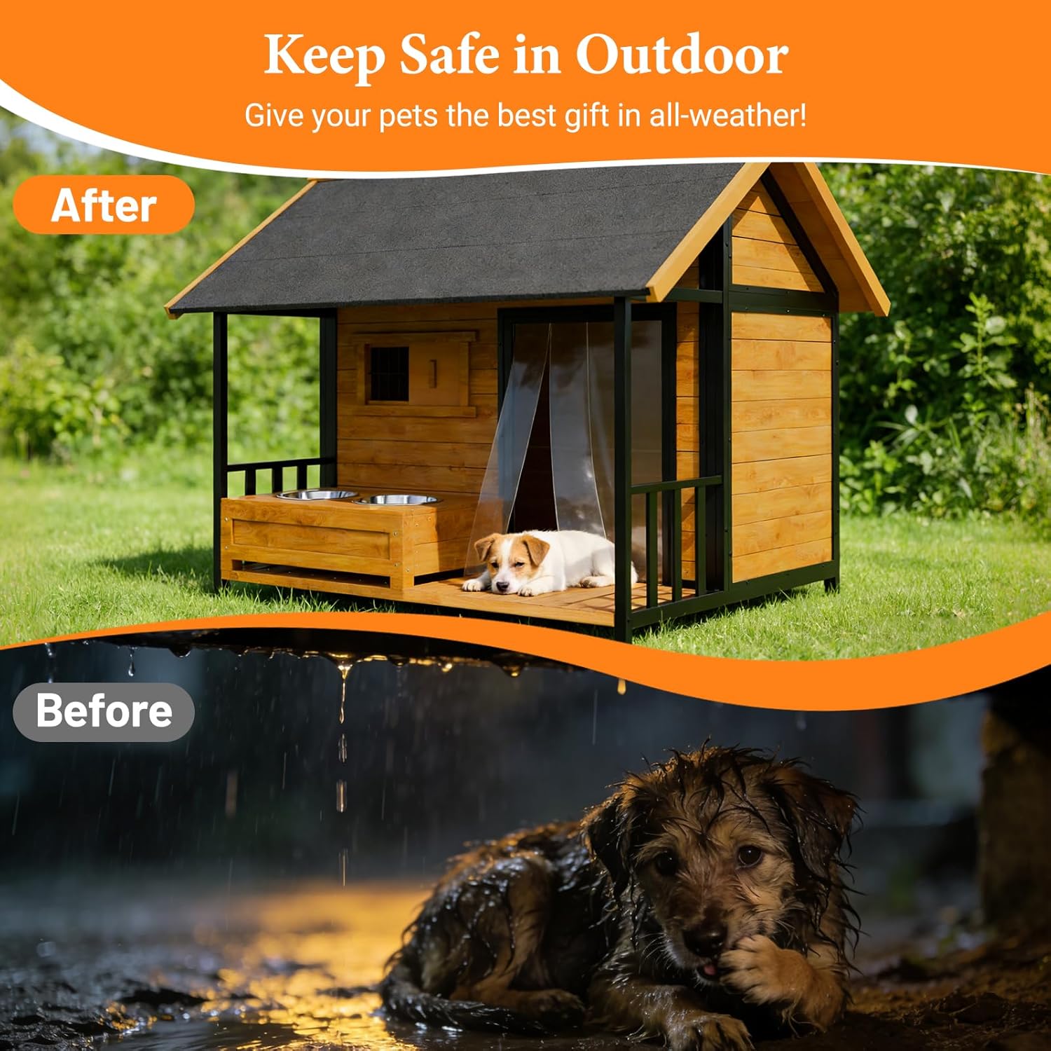 Large Dog House with Dog Bowls Stand, Outdoor Weatherproof XL Dog Kennel with Openable Roof, Easy Assembly All-Around Iron Frame Design for Outside Medium Big XLarge Breed Dogs