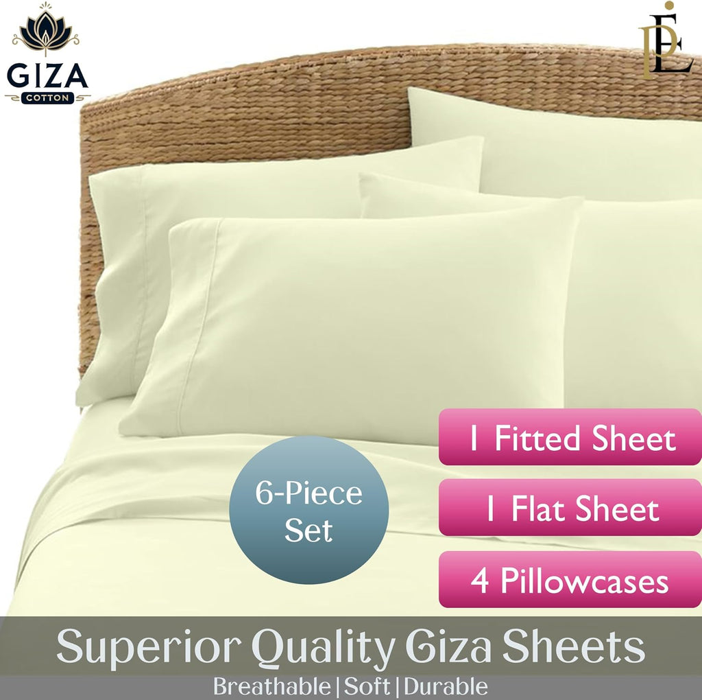 100% Giza Cotton, 1000 Thread Count, 6-PC Bed Sheet Set [Queen Size, Ivory Color] 18 inches Deep Pockets, Long Staple Cotton Breathable Soft Silky Sateen Weave