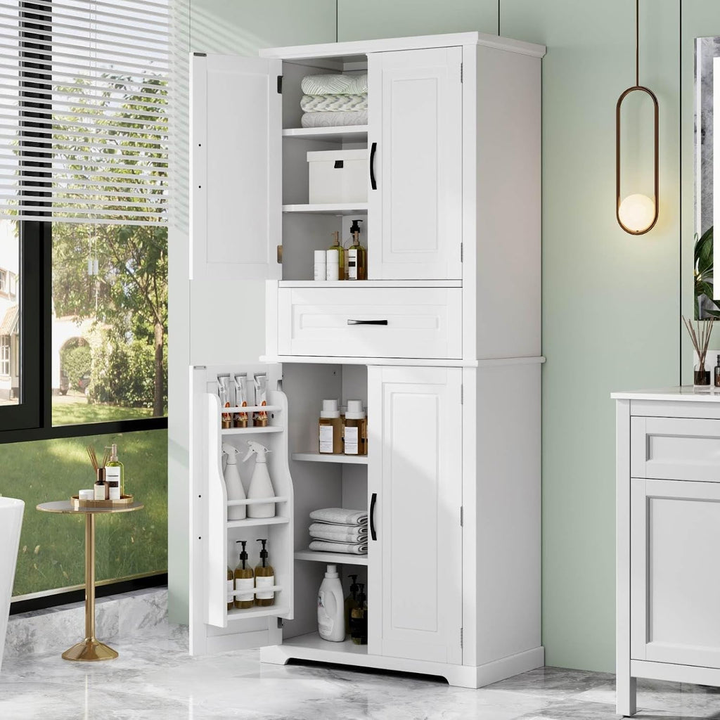 Tall Storage Cabinet with Adjustable Shelves, Large Drawer, and Door Storage Racks, 72' Kitchen Pantry Organizer with Magnetic Door Stopper and Metal Handles, Waterproof Finish for Home Use
