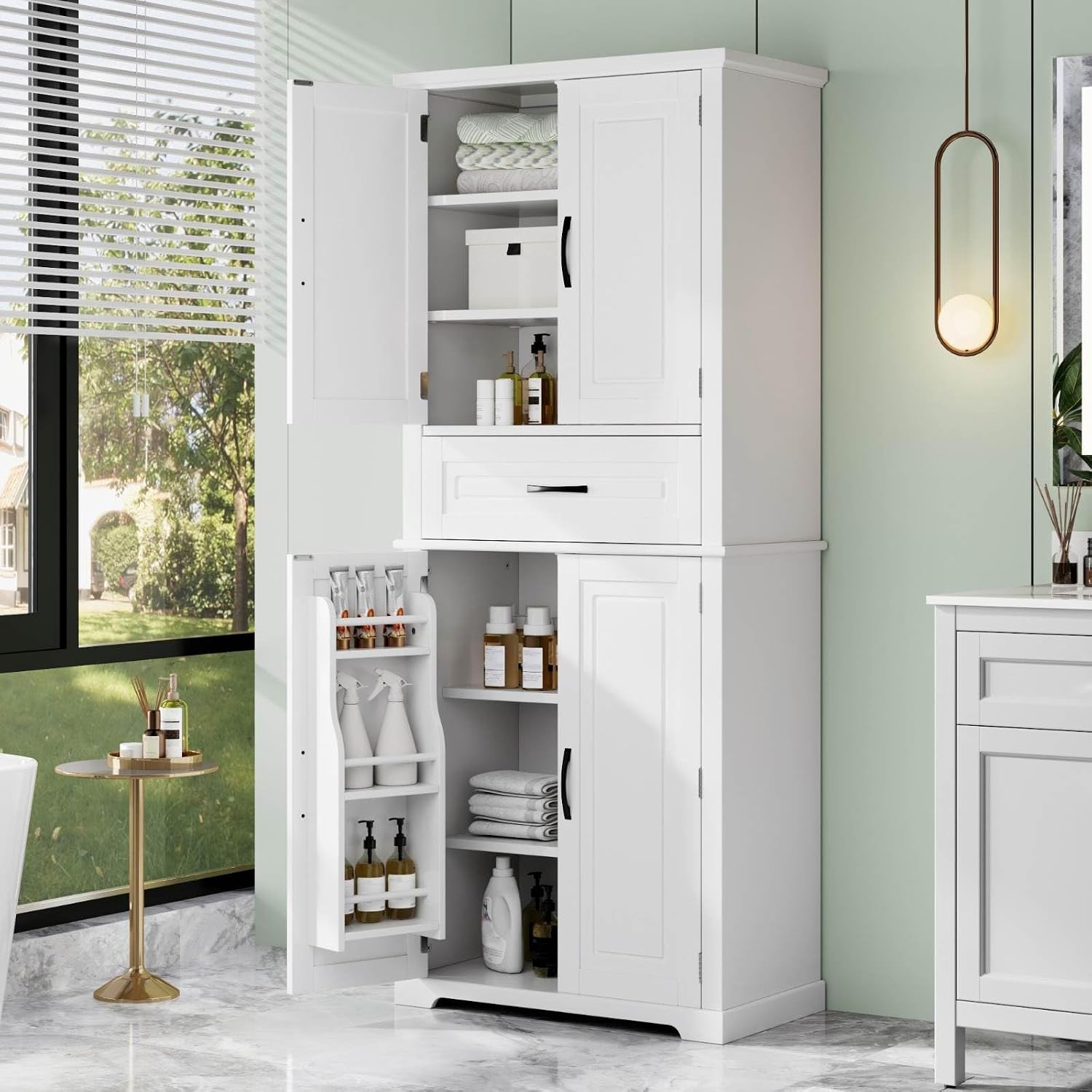 Tall Storage Cabinet with Adjustable Shelves, Large Drawer, and Door Storage Racks, 72' Kitchen Pantry Organizer with Magnetic Door Stopper and Metal Handles, Waterproof Finish for Home Use