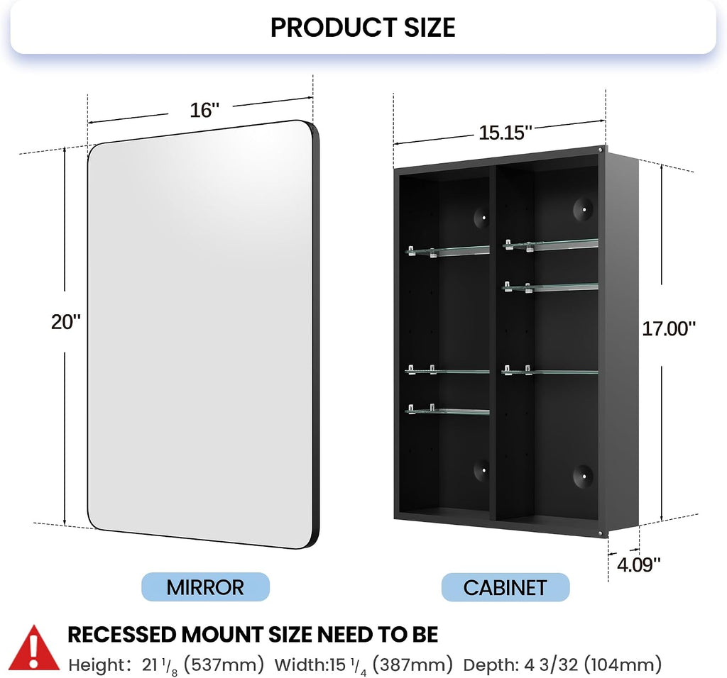 Black Medicine Cabinet with Mirror 16x20 Inch, Small Bathroom Wall Cabinet with Storage, Modern Matte Finish, 6 Adjustable Glass Shelves, Silent Soft Close, Rust Proof Aluminum Organizer