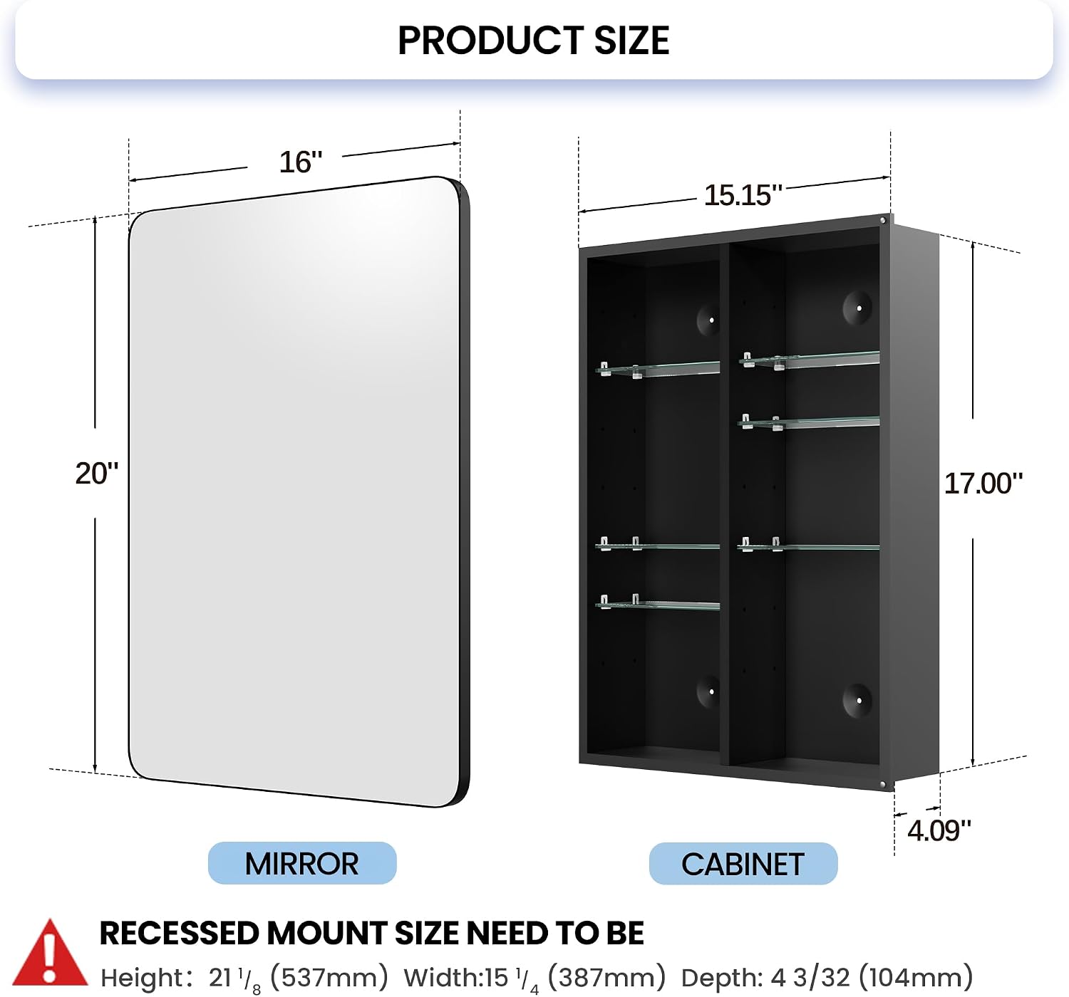 Black Medicine Cabinet with Mirror 16x20 Inch, Small Bathroom Wall Cabinet with Storage, Modern Matte Finish, 6 Adjustable Glass Shelves, Silent Soft Close, Rust Proof Aluminum Organizer