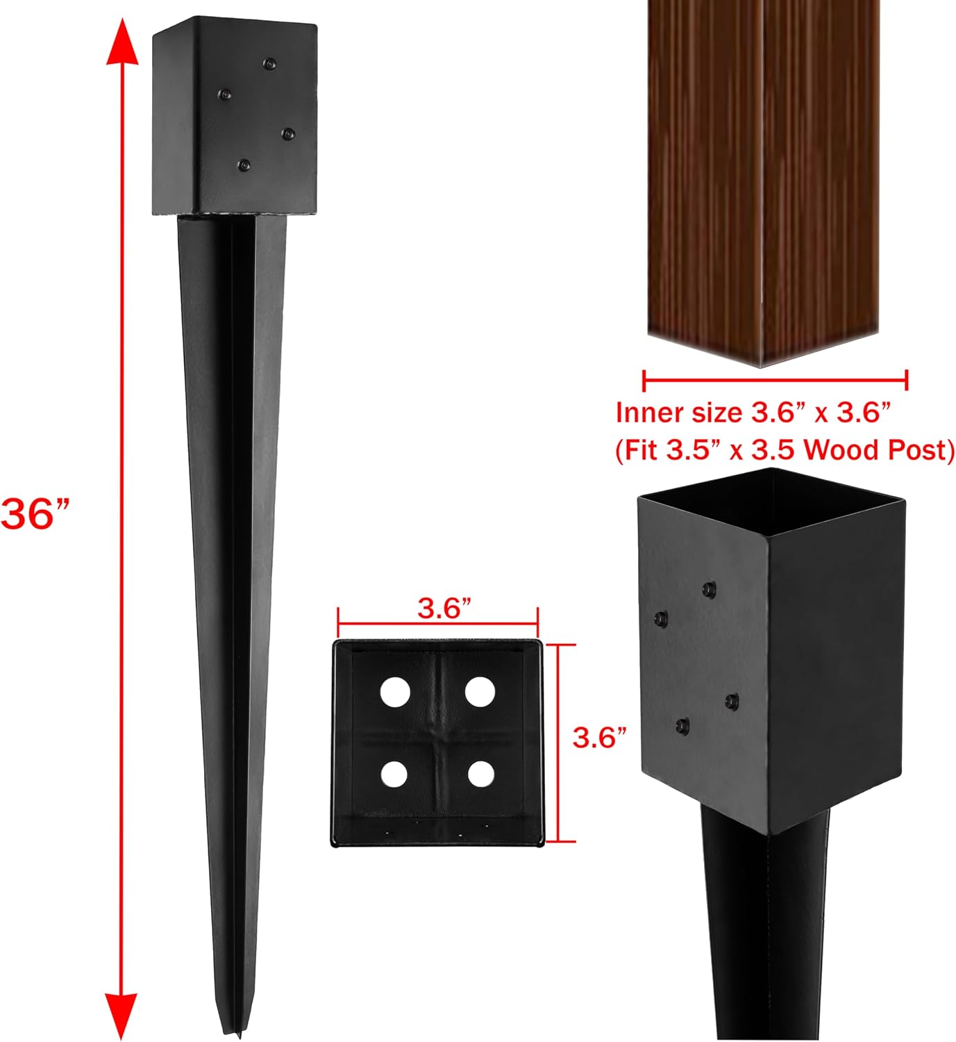 LADECH 4x4 Fence Post Anchor Ground Spike 36' Length Metal Black Powder Coated – Mailbox Post Anchors – Fit 3.5x3.5 Lumber (8, Black)