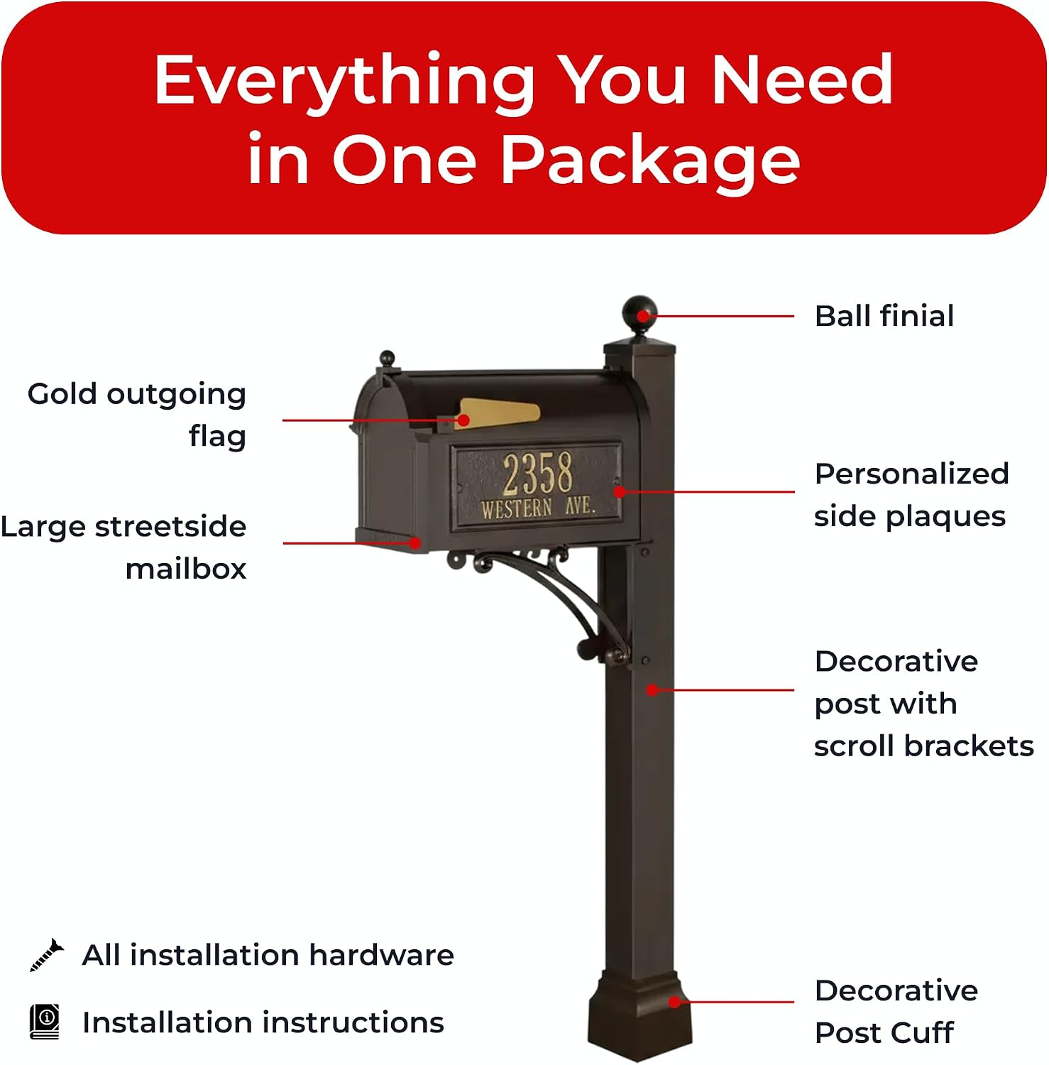 Deluxe Streetside Mailbox & Post in Bronze Personalized Side Plaques Oversized Mailbox for Home Exterior Durable Powder-Coated Cast Aluminum