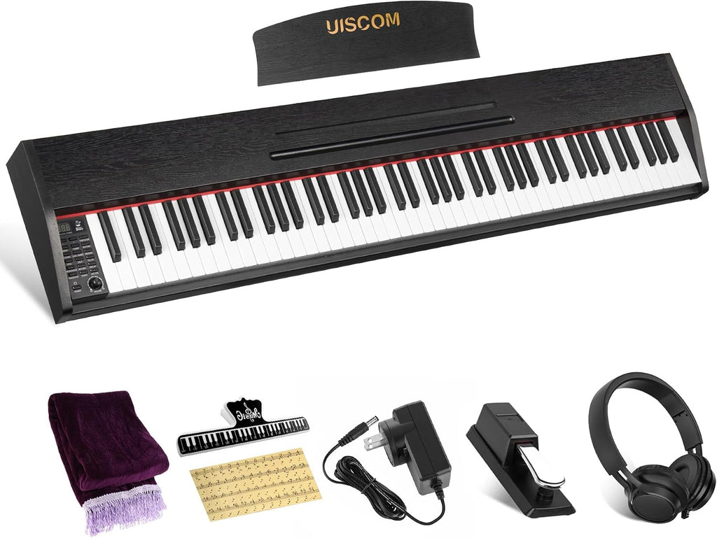 UISCOM 88 Key Digital Piano Keyboard for Beginners,Full Size Electric Piano Semi-Weighted Keyboard with Sheet Music Stand,Pedal,Headphone,Power Adapter,USB-MIDI Compatibility,Wood Grain Black