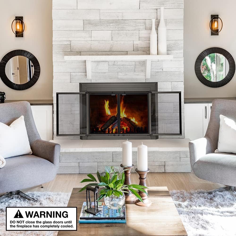 UniFlame - Logan - Cabinet-Style Fireplace Doors with Smoke Tempered Glass (Color: Gunmetal, Size: Medium - Fits Opening 30in to 37in W x 25.5in to 32.5in H)