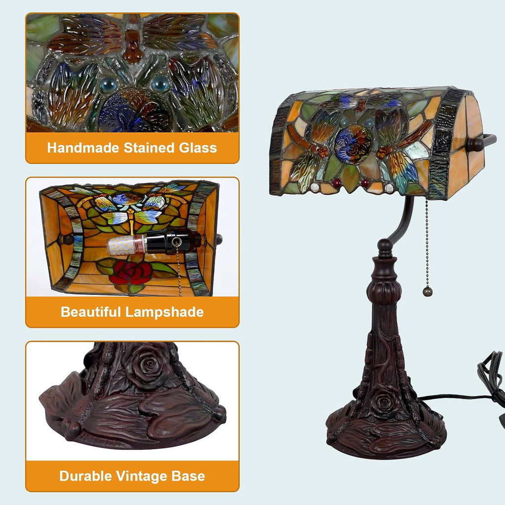 Rose Flower Dragonfly Bankers Lamp Antique Desk Lamps Stained Glass Banker Table Lamp with Pull Chain, Vintage Desk Lamp for Home Office, with Color Changing LED Bulb