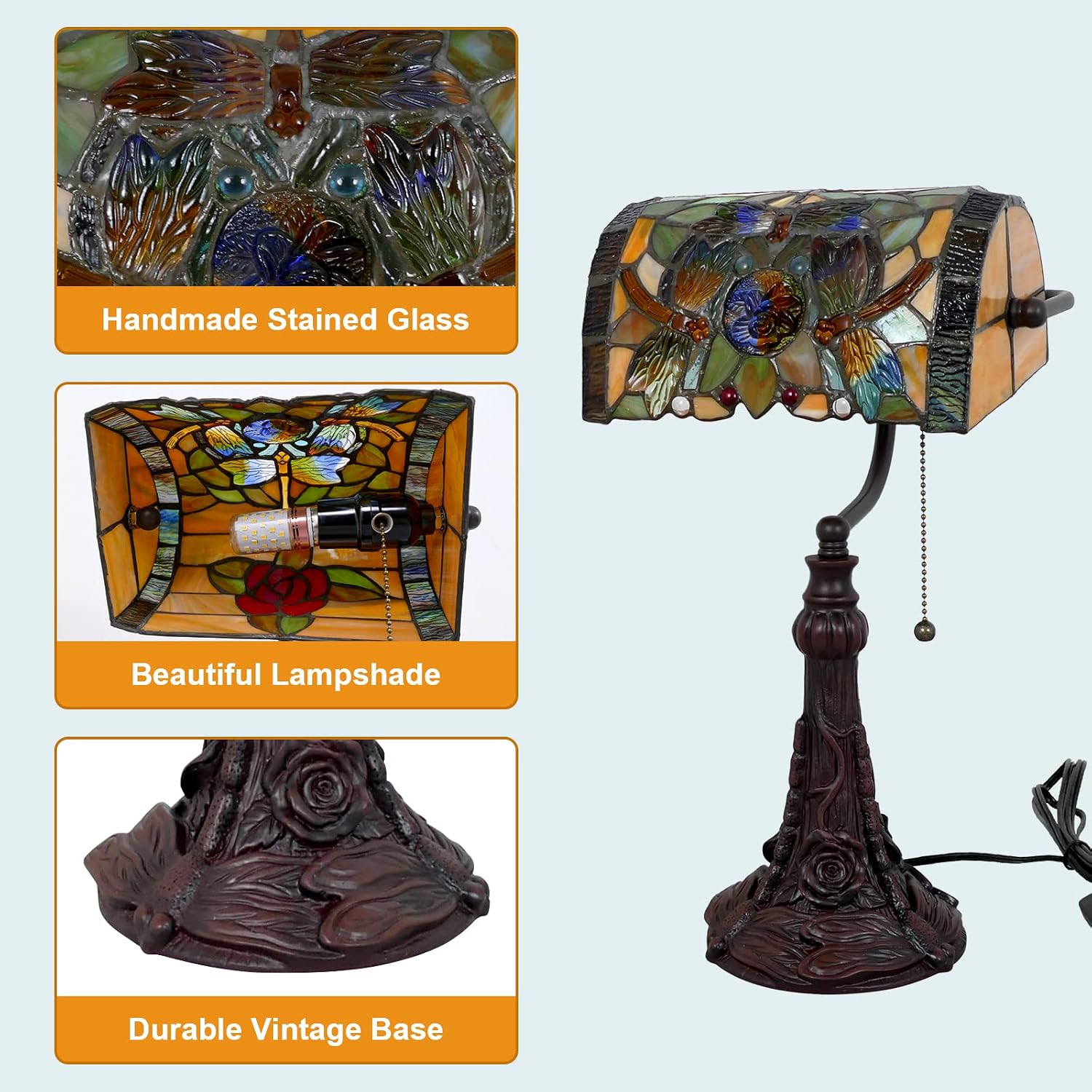 Rose Flower Dragonfly Bankers Lamp Antique Desk Lamps Stained Glass Banker Table Lamp with Pull Chain, Vintage Desk Lamp for Home Office, with Color Changing LED Bulb