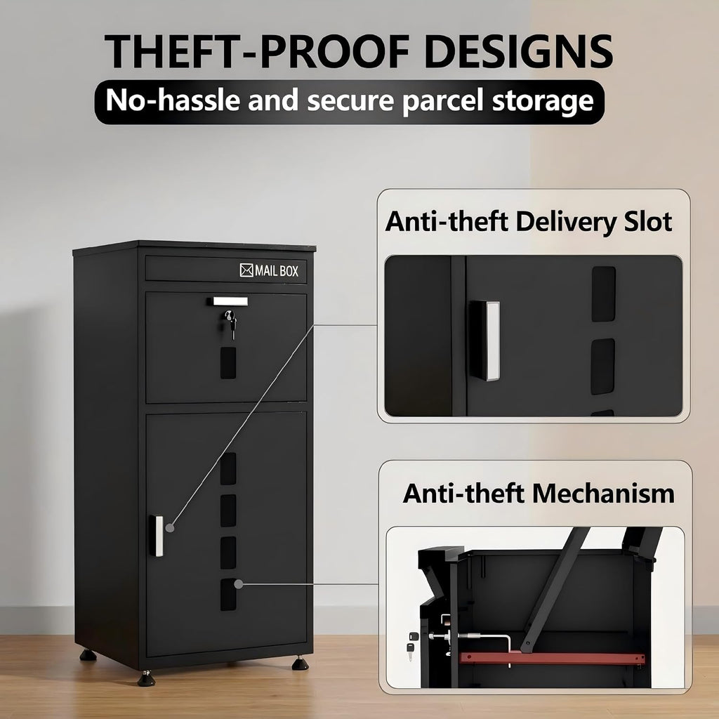 Parcel Drop Box with Mailbox, Extra Large Package Delivery Box for Outside, Anti-Theft Lockable Mail Box for Porch, Standing Courier Box for Packages and Letters with Delivery Sign, Black