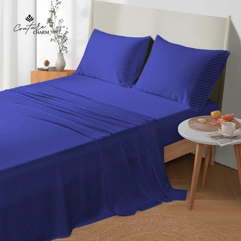 Queen Size 1000 Thread Count 100% Egyptian Cotton Sheet Set, 4-Piece, Sateen Weave, with 10-12' Deep Pocket Snug Fit (Stripe, Royal Blue)