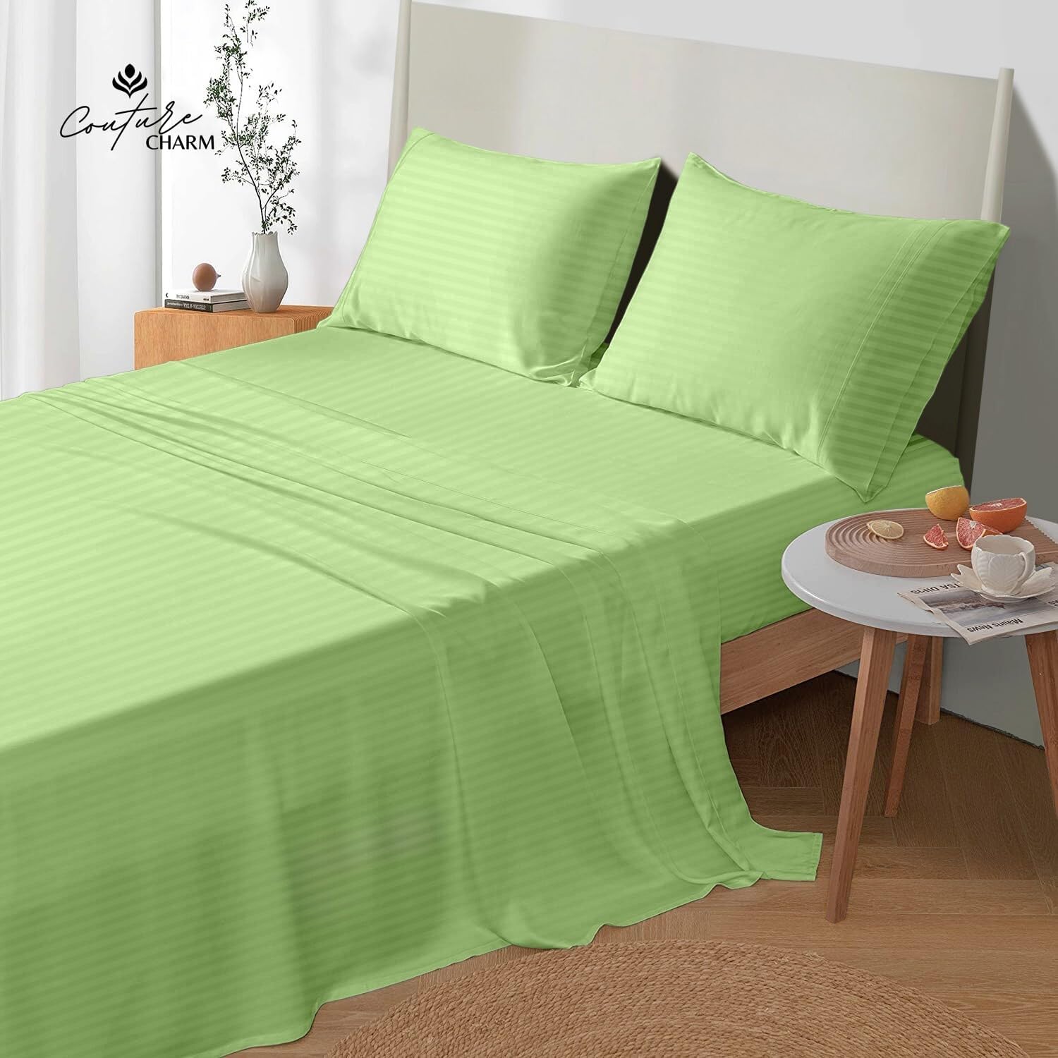 Queen Size 1000 Thread Count 100% Egyptian Cotton Sheet Set, 4-Piece, Sateen Weave, with 10-12' Inch Deep Pocket Snug Fit (Stripe, Sage Green)