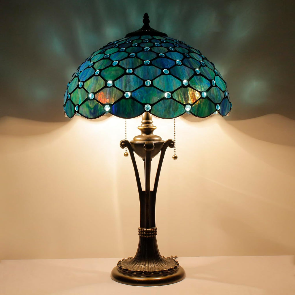 Tiffany Table Lamp Sea Blue Pearl Stained Glass Desk Lamp 16X16X24 Inches Reading Light