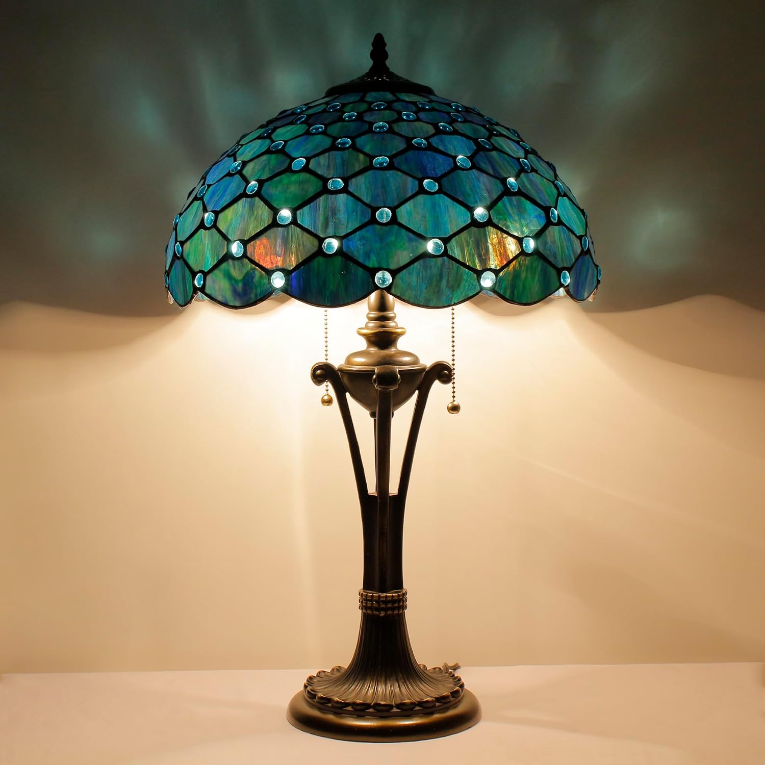 Tiffany Table Lamp Sea Blue Pearl Stained Glass Desk Lamp 16X16X24 Inches Reading Light