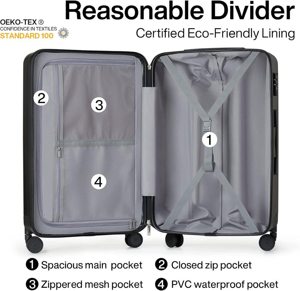 Hanke Luggage Sets 3 piece Carry On Luggage with Wheels PC Hard Shell Suitcases Lightweight Checked Travel Luggage Large Travel Suitcase Woman Men 20/24/29 Inch(Jet Black)