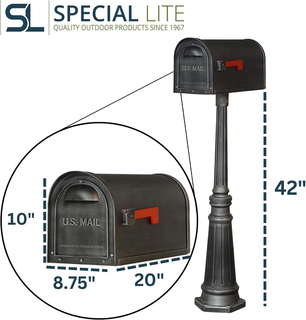 Special Lite Classic Curbside Mailbox with Tacoma Post - Swedish Silver Aluminum Mailbox with Post - SCC-1008_SPK-591-SW