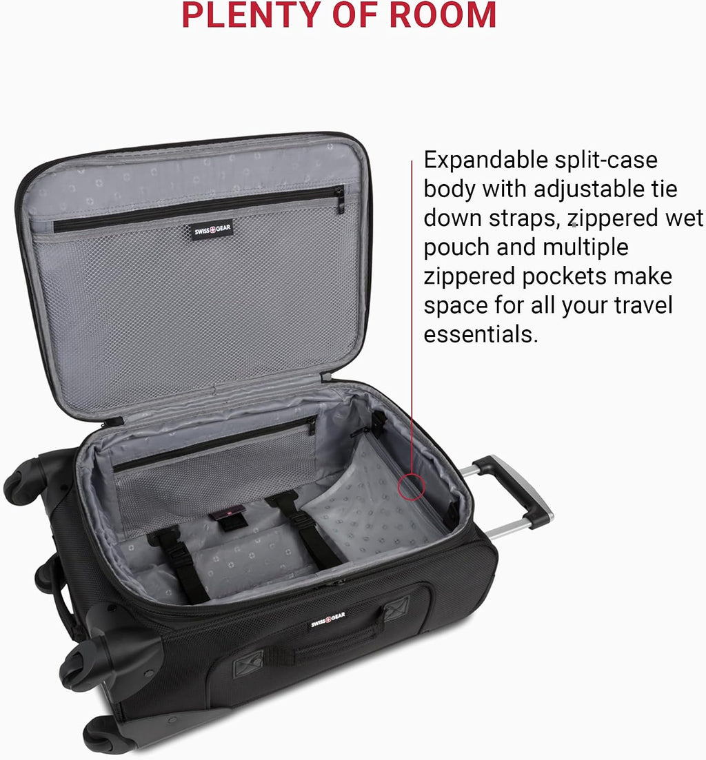 SWISSGEAR Sion Softside Expandable Spinner Luggage Durable Lightweight Travel Suitcase, Black, Carry-On