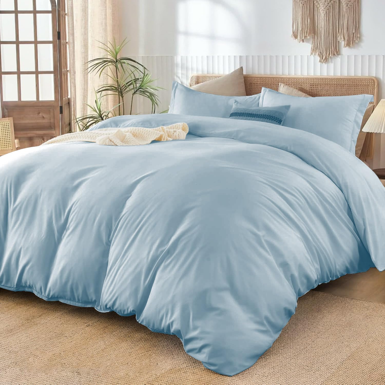800TC 3 Sided Zipper Duvet Cover Set Soft Egyptian Cotton 3 Sided Zipper Closure, 3 PCS 1-Duvet Cover & 2- Pillow Shams - Oversize Queen Size (98' x 98') Inches, (Solid French Blue)