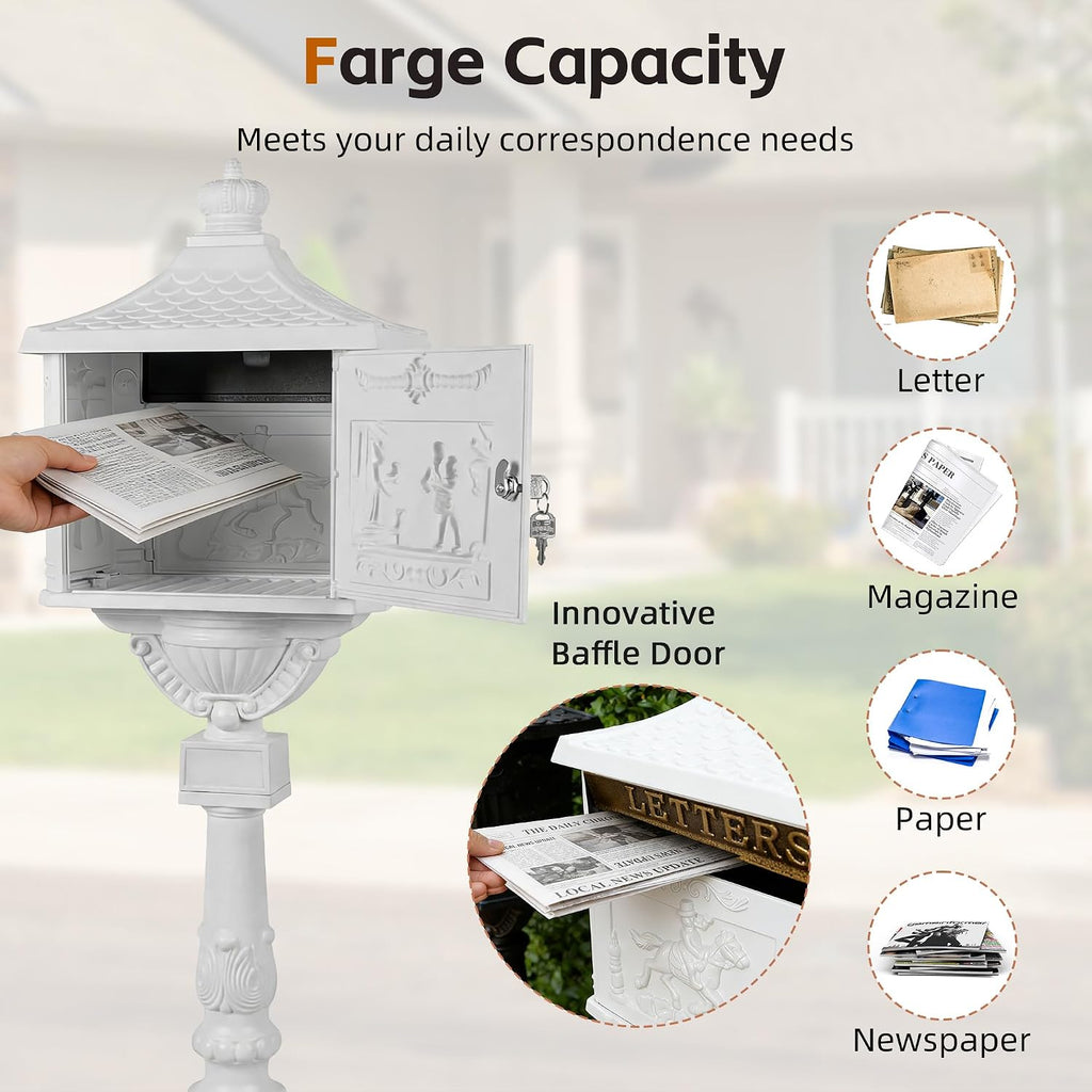Cast Aluminum Locking Mailbox, Heavy Duty Security Postal Box, Retro Mid-Century Outdoor Mailbox with Key Lock, Weatherproof Anti-Theft Design, Easy Installation, White