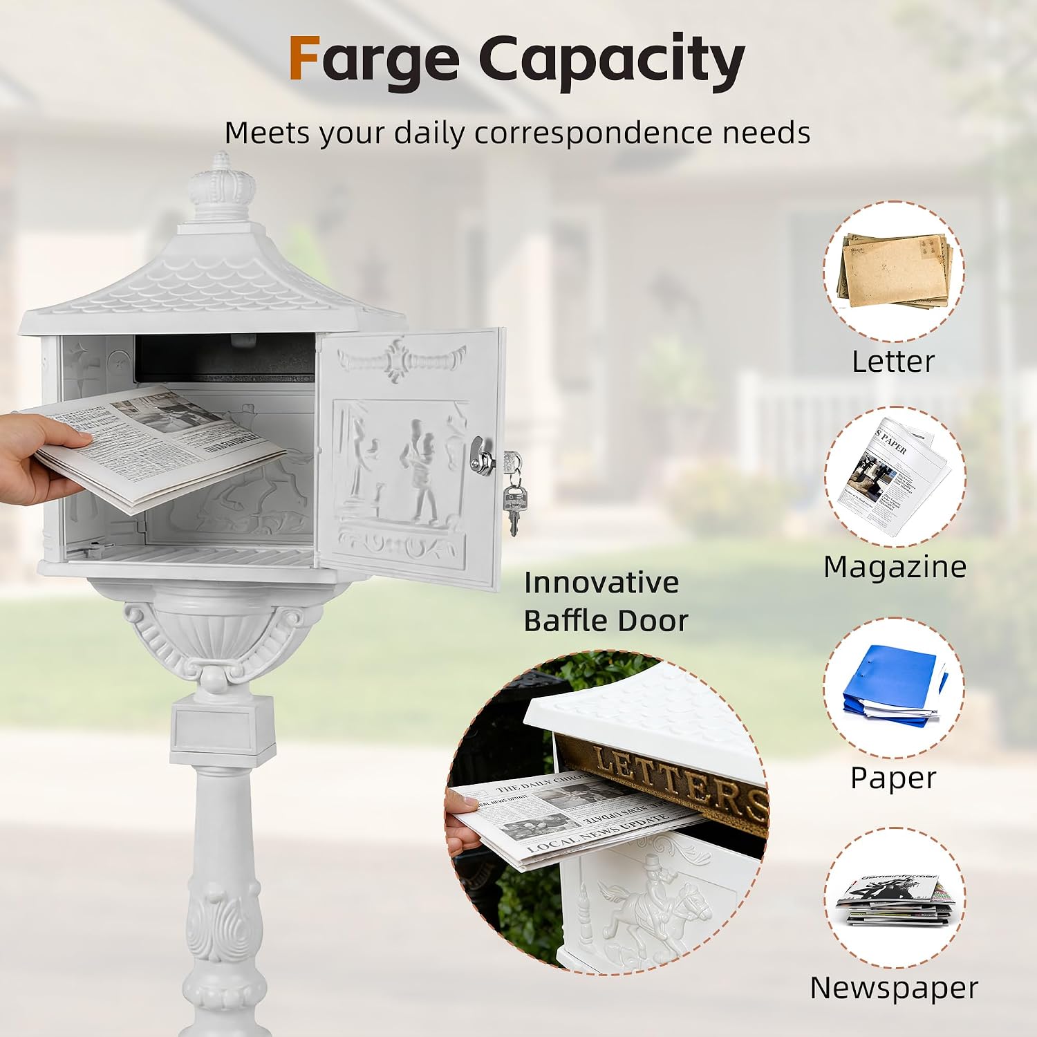 Cast Aluminum Locking Mailbox, Heavy Duty Security Postal Box, Retro Mid-Century Outdoor Mailbox with Key Lock, Weatherproof Anti-Theft Design, Easy Installation, White