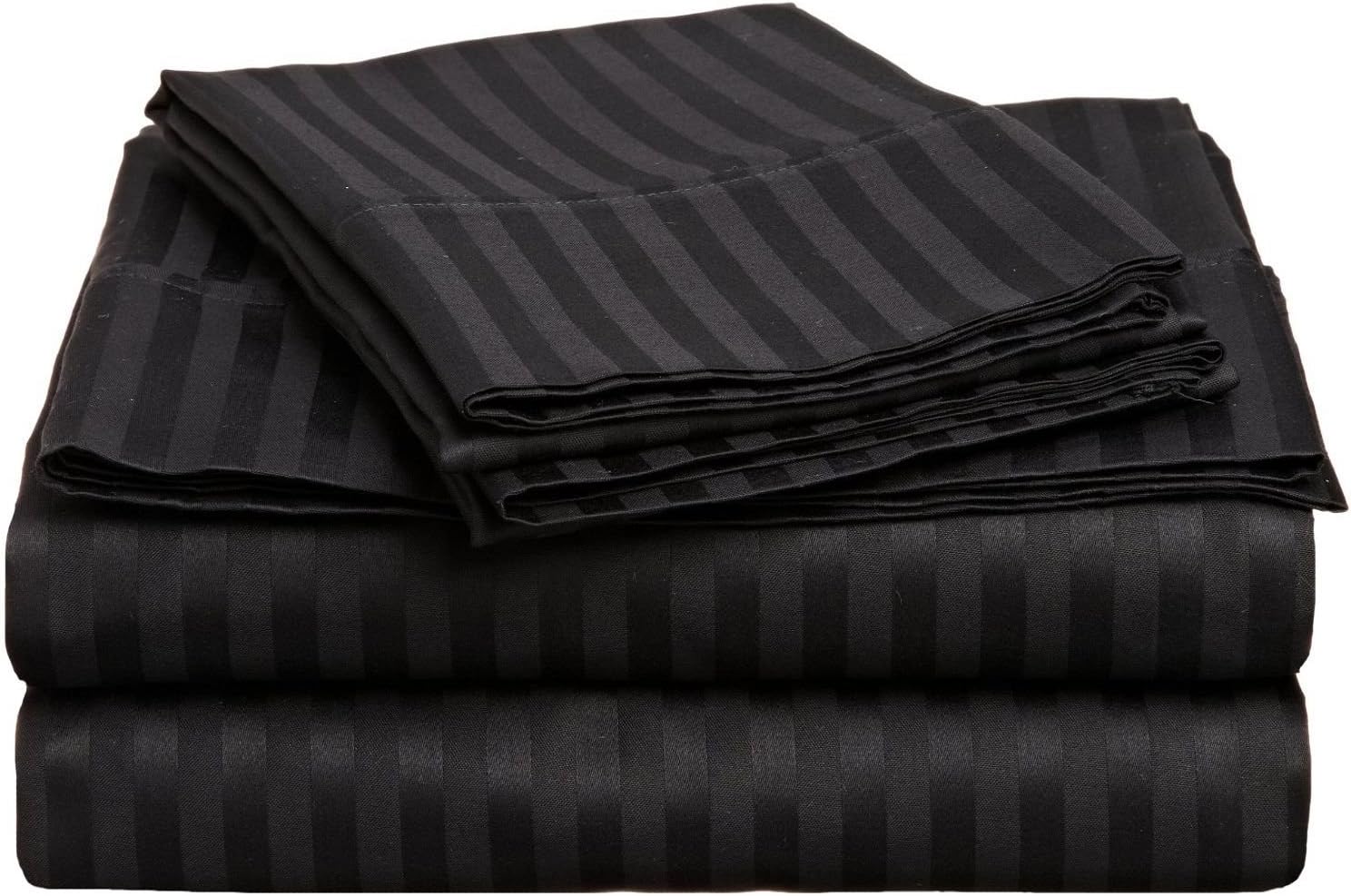 Superior 300 Thread Count Combed Cotton, 4-Piece Bed Sheet Set, Deep Pocket, Single Ply, Sateen Stripe, Split King - Black